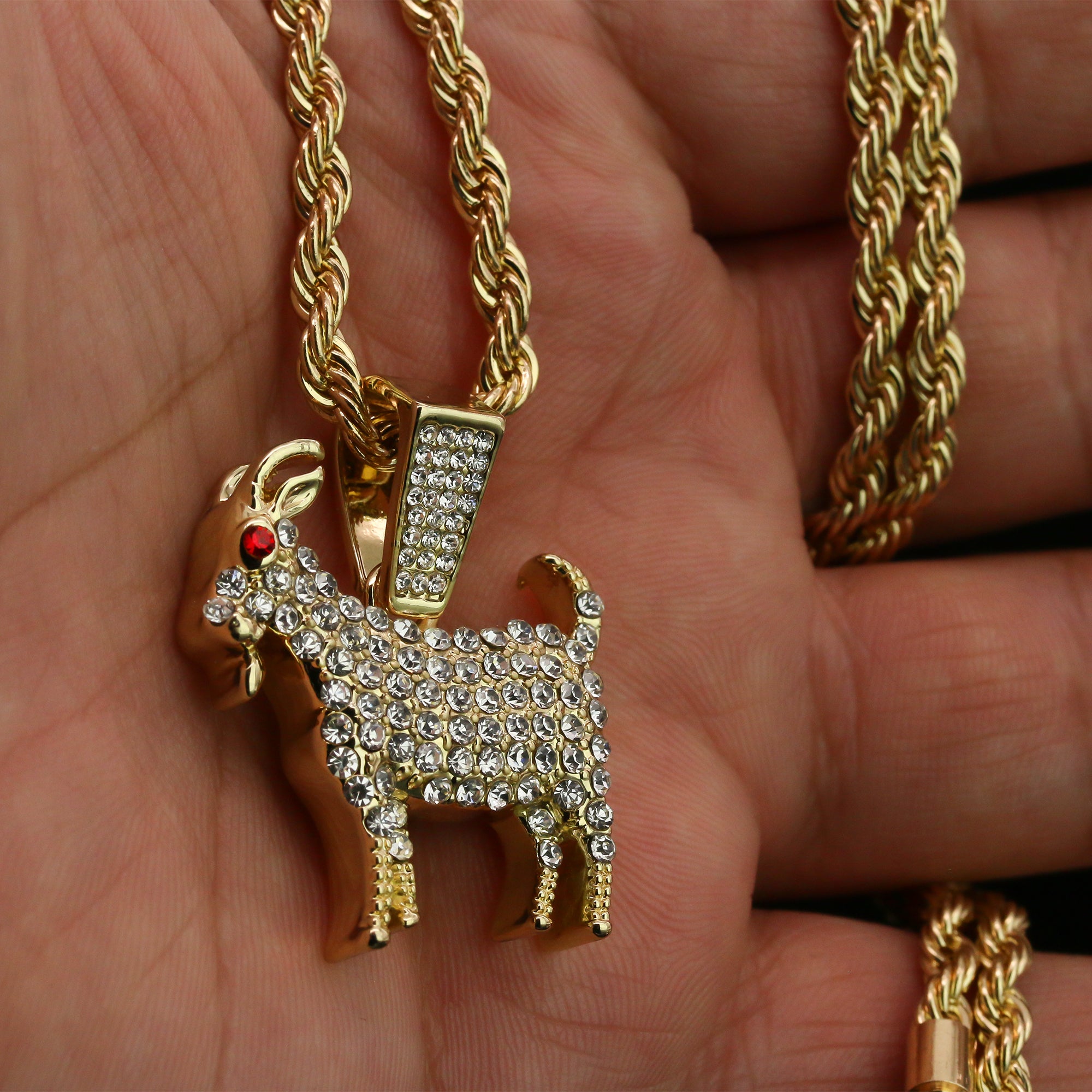 Cz Red Eye Goat Pendant 24" Rope Chain Hip Hop 18k Jewelry Necklace