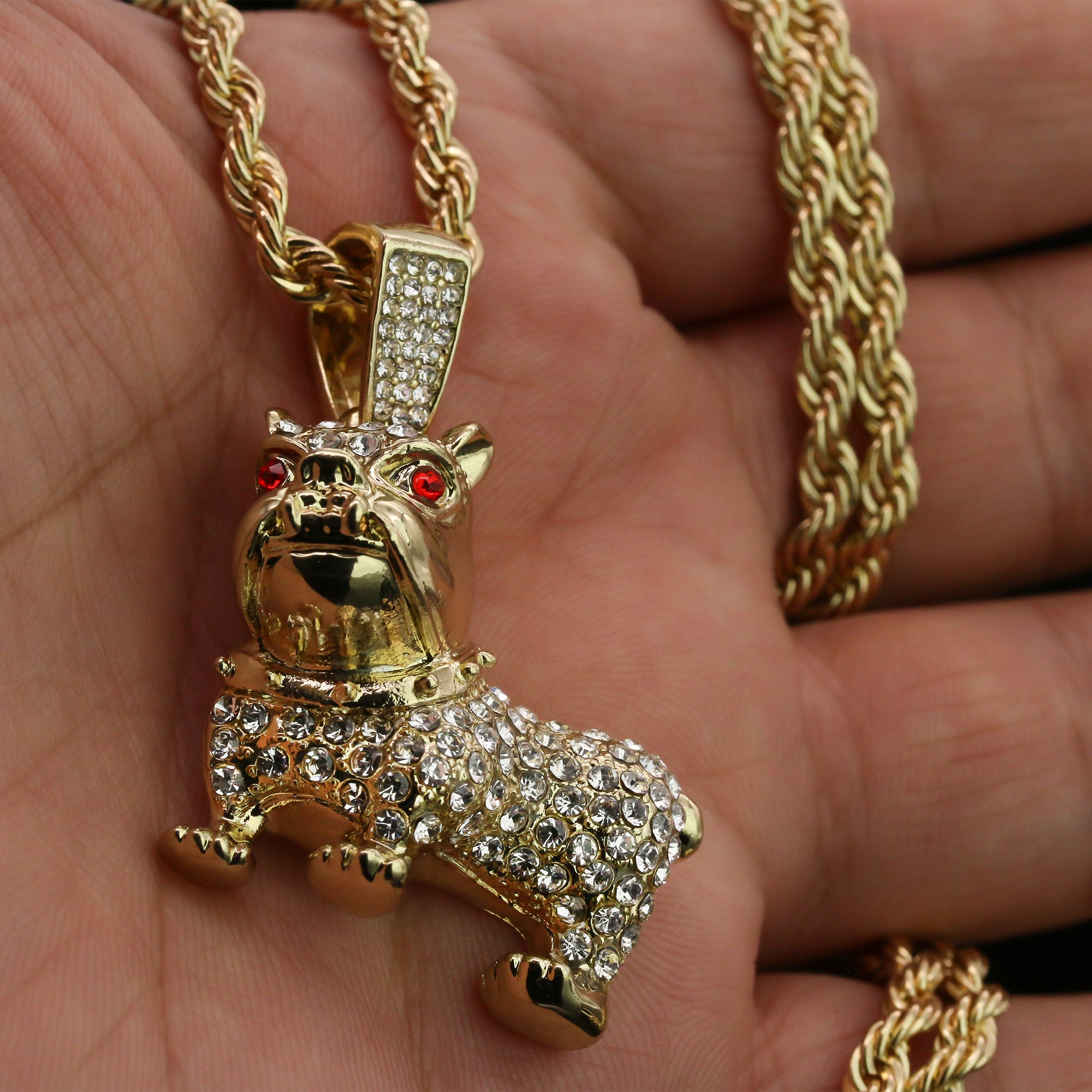 Cz Red Eye French Bulldog Pendant 24" Rope Chain Hip Hop 18k Jewelry Necklace