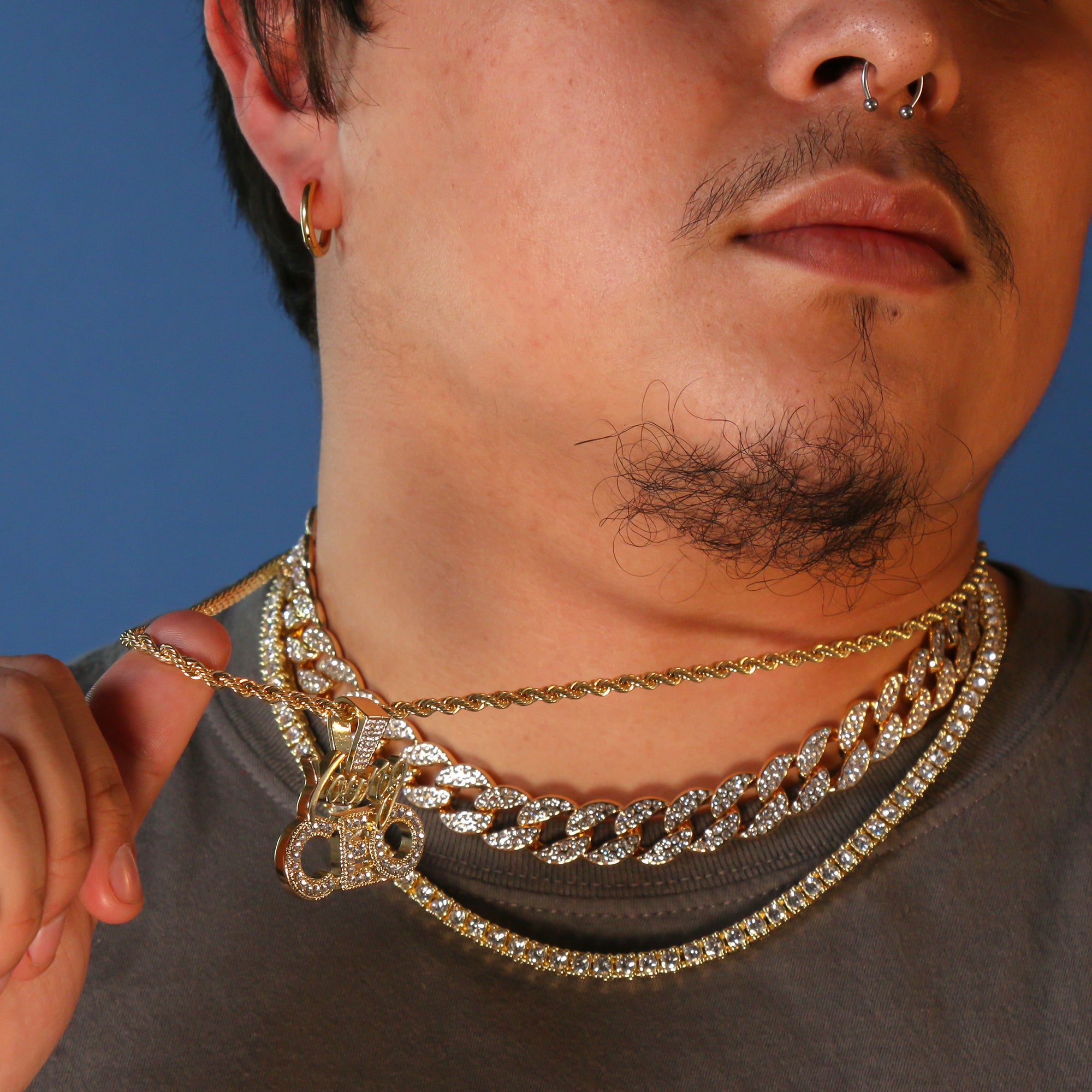 Gold Plated High Fashion Cuban Tennis Chains Mad Dog Face & Stainless Steel Huggie Hoop Thin Earrings
