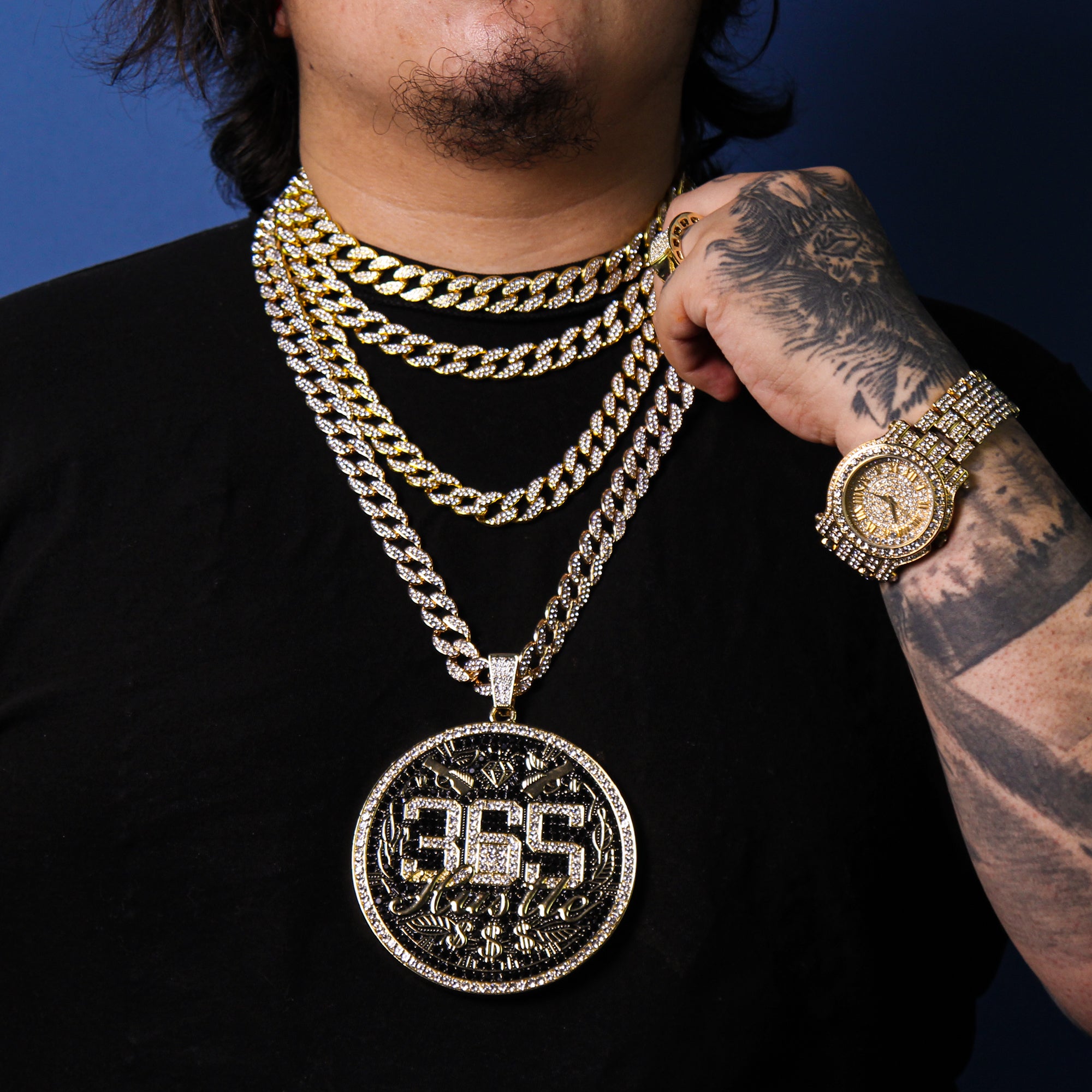 XXL Hustle 365 Medallion Pendant & Iced Cuban Chain – 16mm 18"-30" Gold Bling