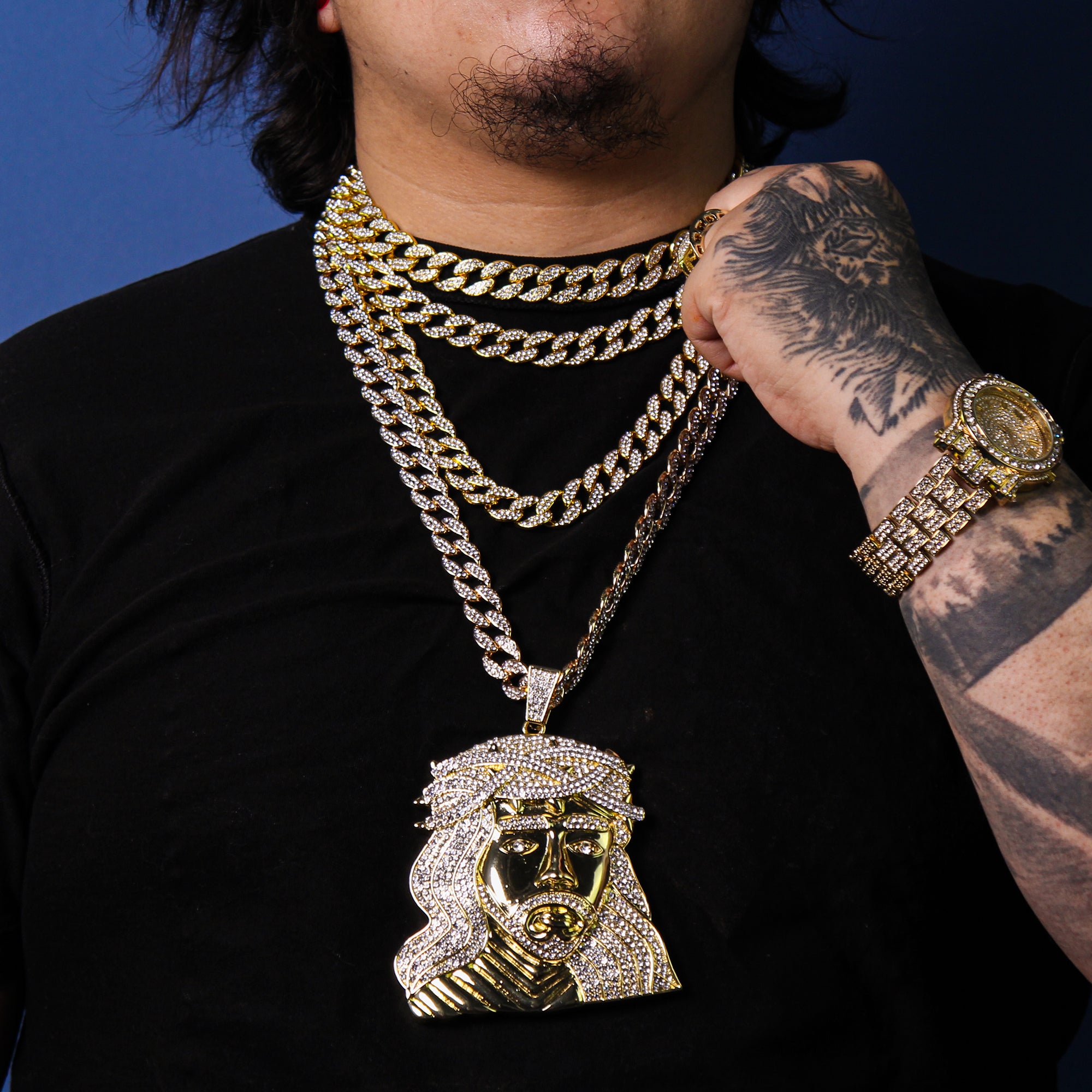 XXL Wide Jesus Face Pendant & 16mm Fully Iced Cuban Chain –18"-30"