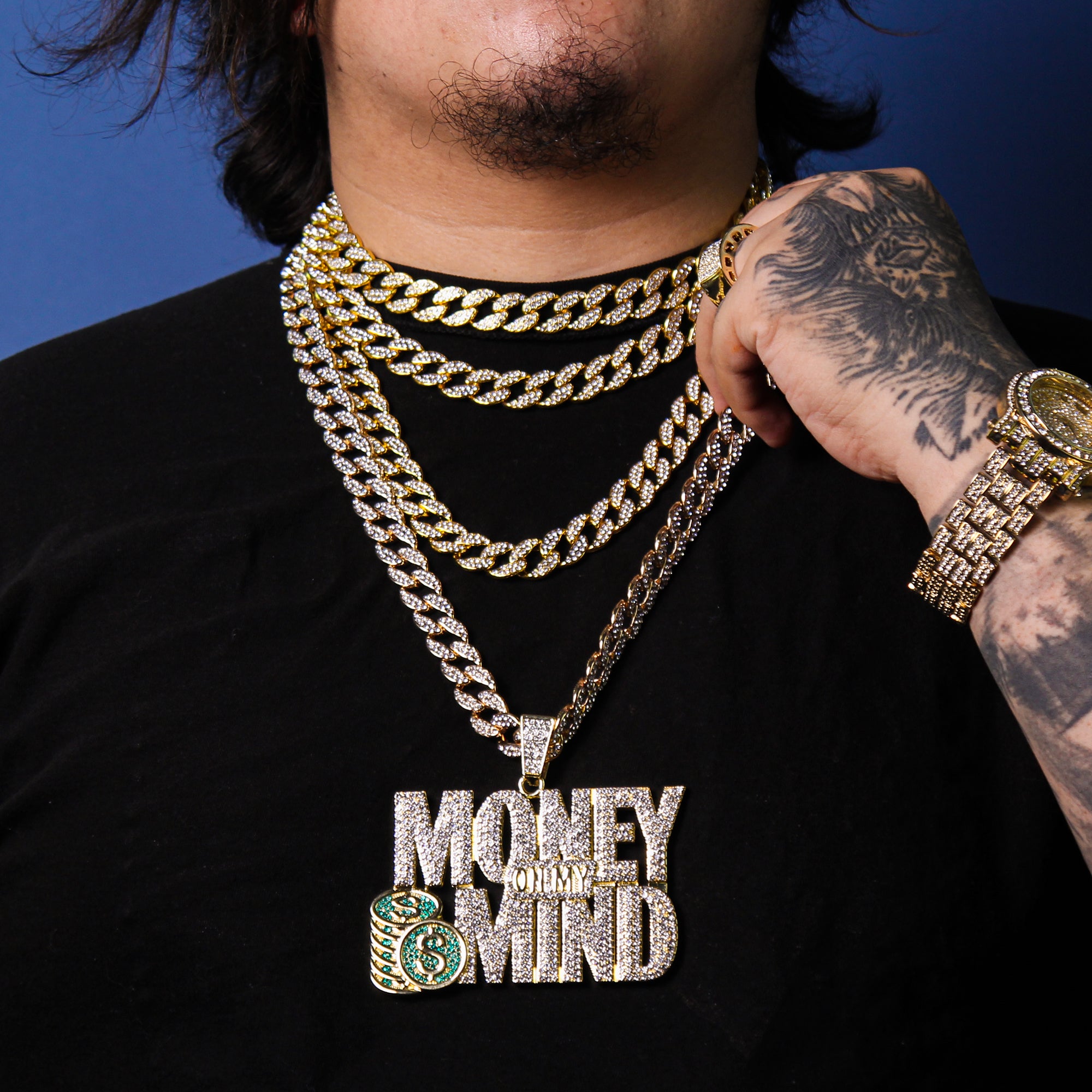 XXL Money On My Mind Pendant & Iced Cuban Chain – 16mm 18"-30" Gold Bling