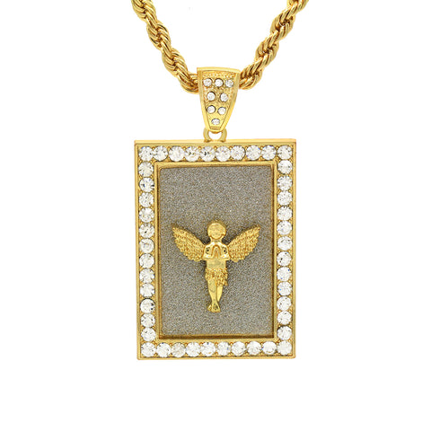 14k Gold Filled Fully Ice Out Angel In the middle Pendant  with Rope Chain