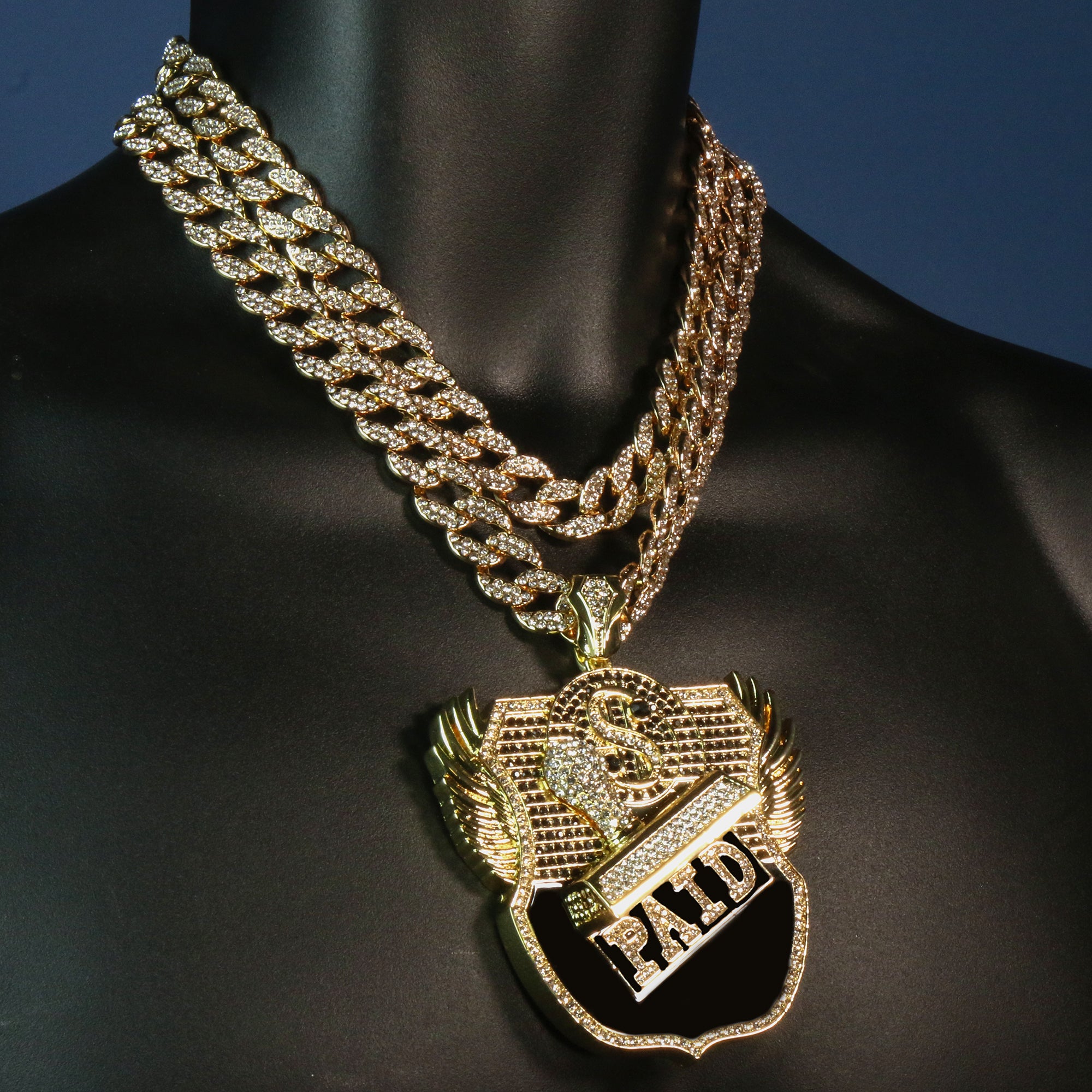 3PC Set – Paid Badge Pendant with 18"/20" Iced Cuban Chains (Gold)