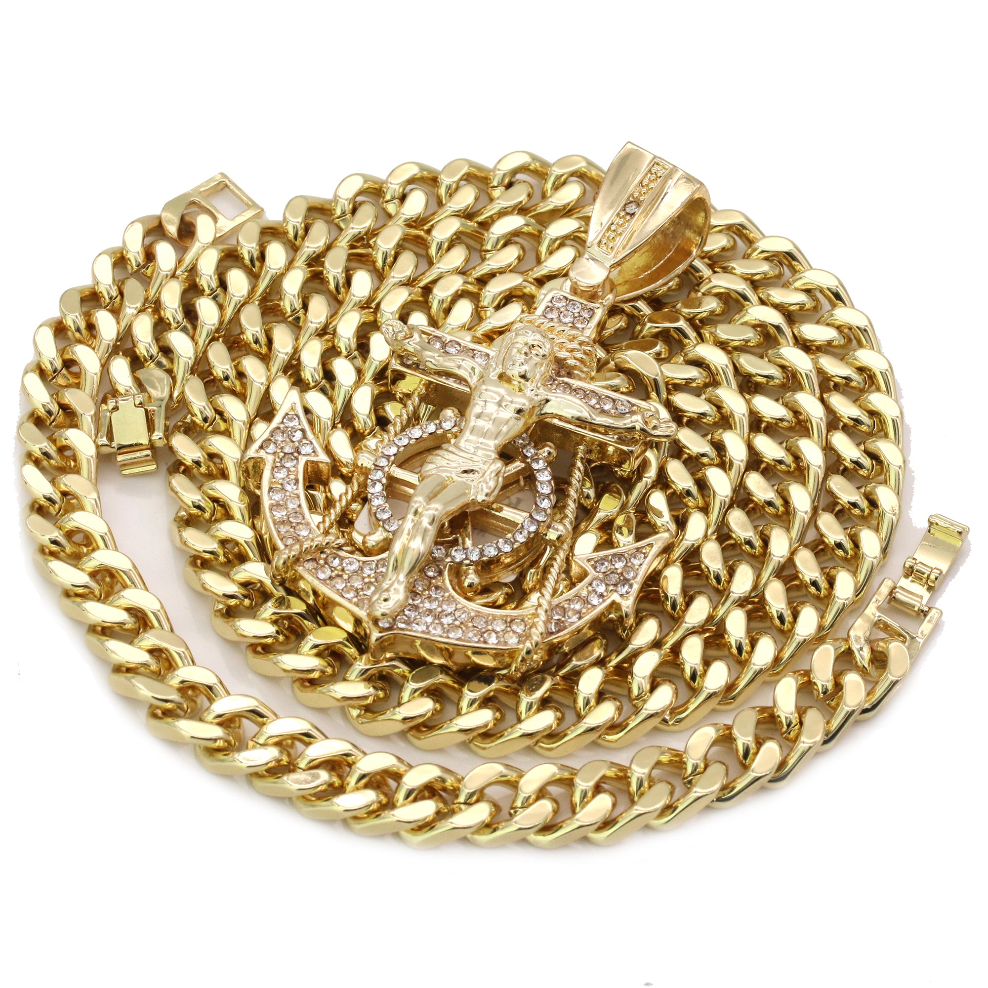 Men's Gold Plated Hip-Hop XL Cz Jesus Anchor Cuban 10mm 30 & Bracelet 3pc Set