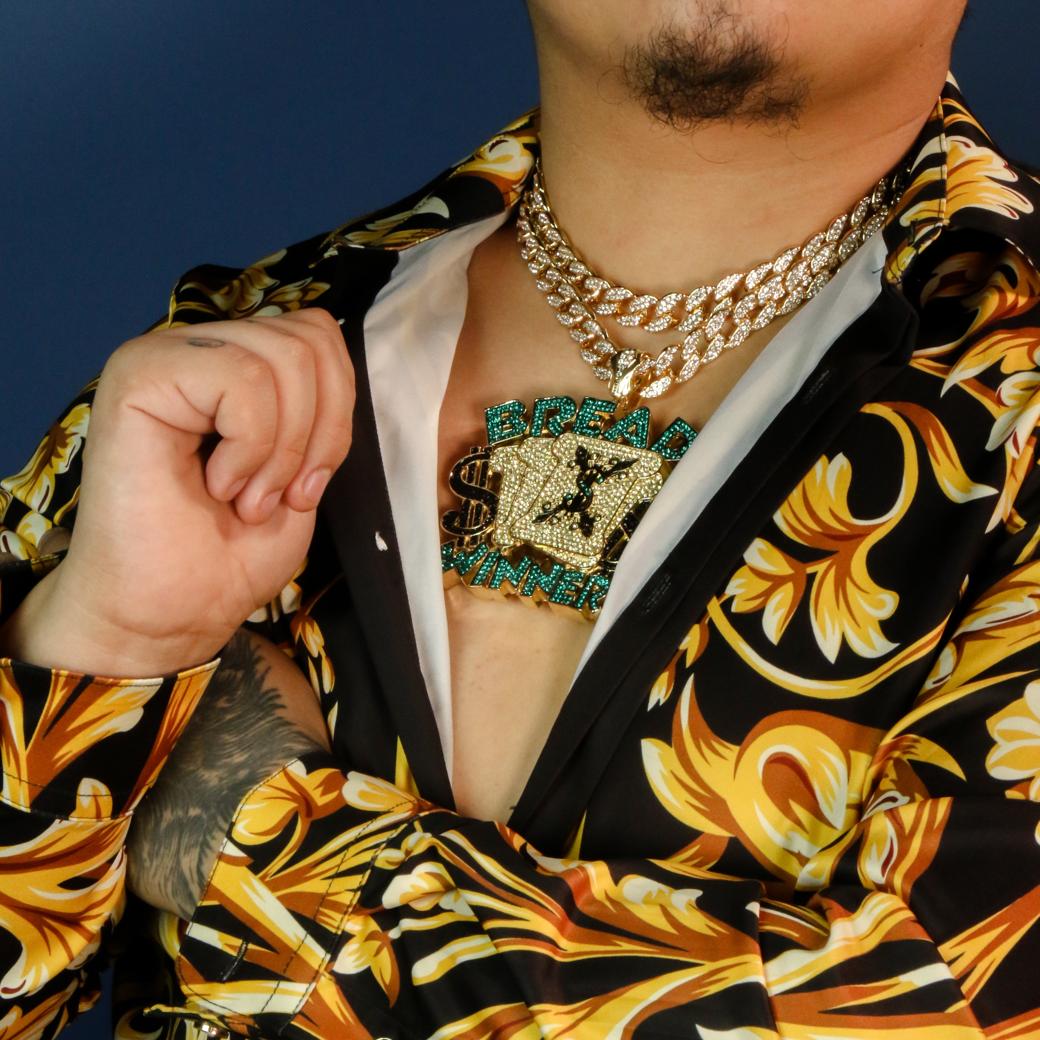 3PC Set – Huge Bread Winner Pendant with 18"/20" Gold Iced Cuban Chains