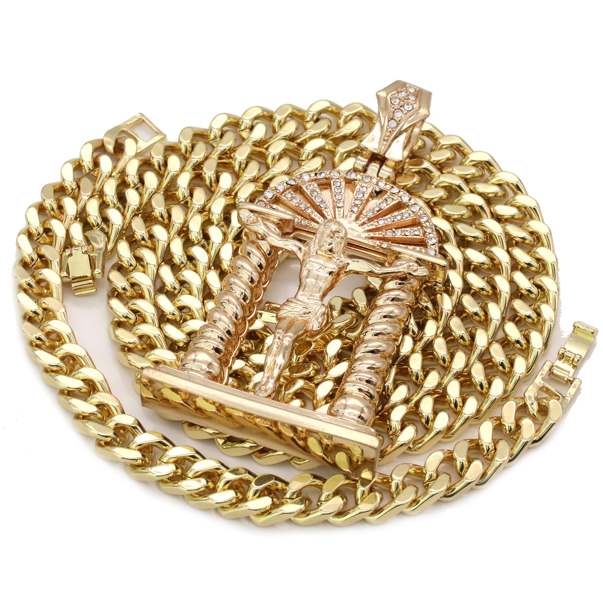Men's Gold Plated Hip-Hop XL Cz Jesus Chapel Cuban Chain 10mm 30 & Bracelet 3pc Set