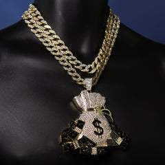 3PC XXL Money Bag Pendant & Iced Cuban Chain Set 18"/20" – Hip Hop Bling