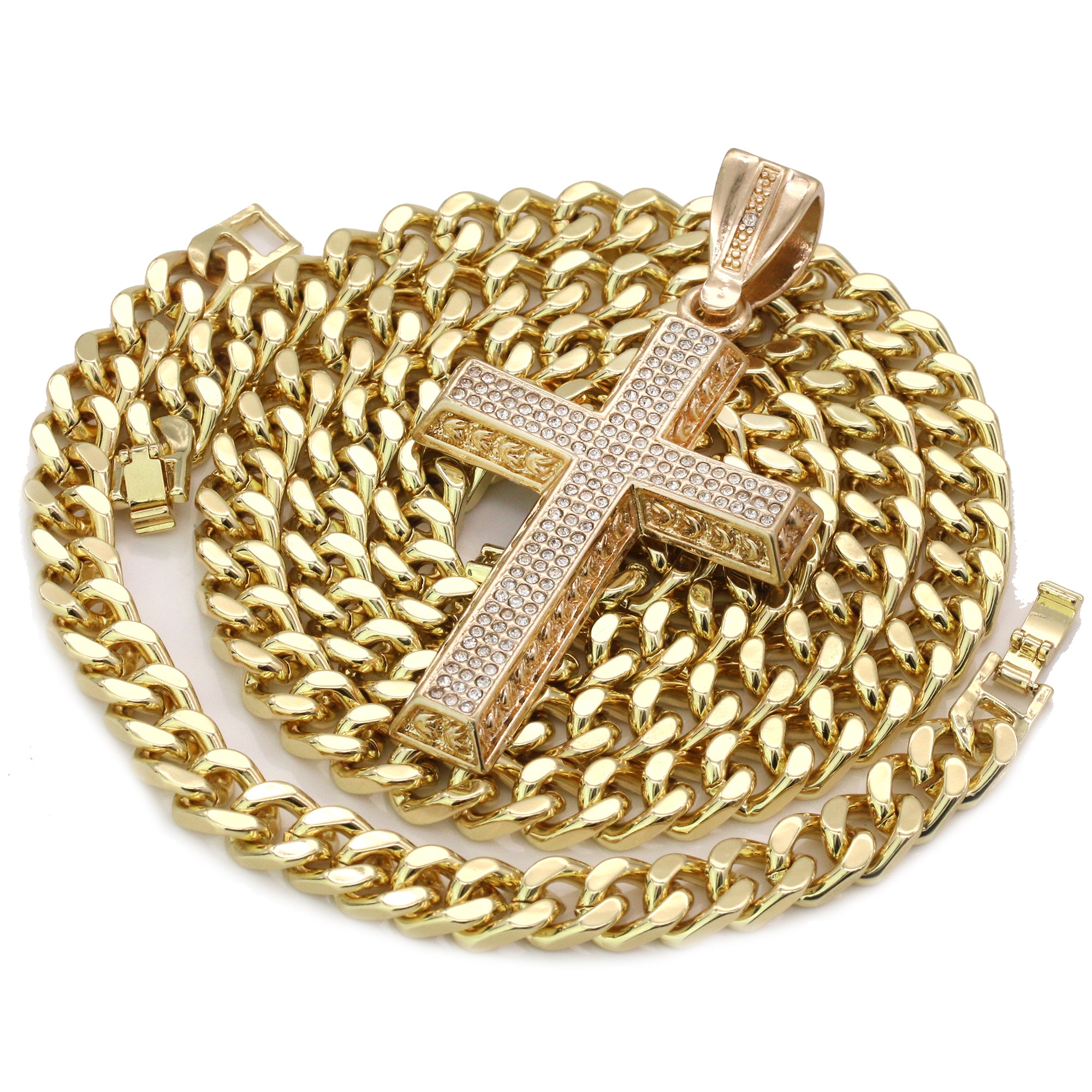 Men's Gold Plated Hip-Hop XL Fully Cz Thick Cross Cuban 10mm 30 & Bracelet 3pc Set