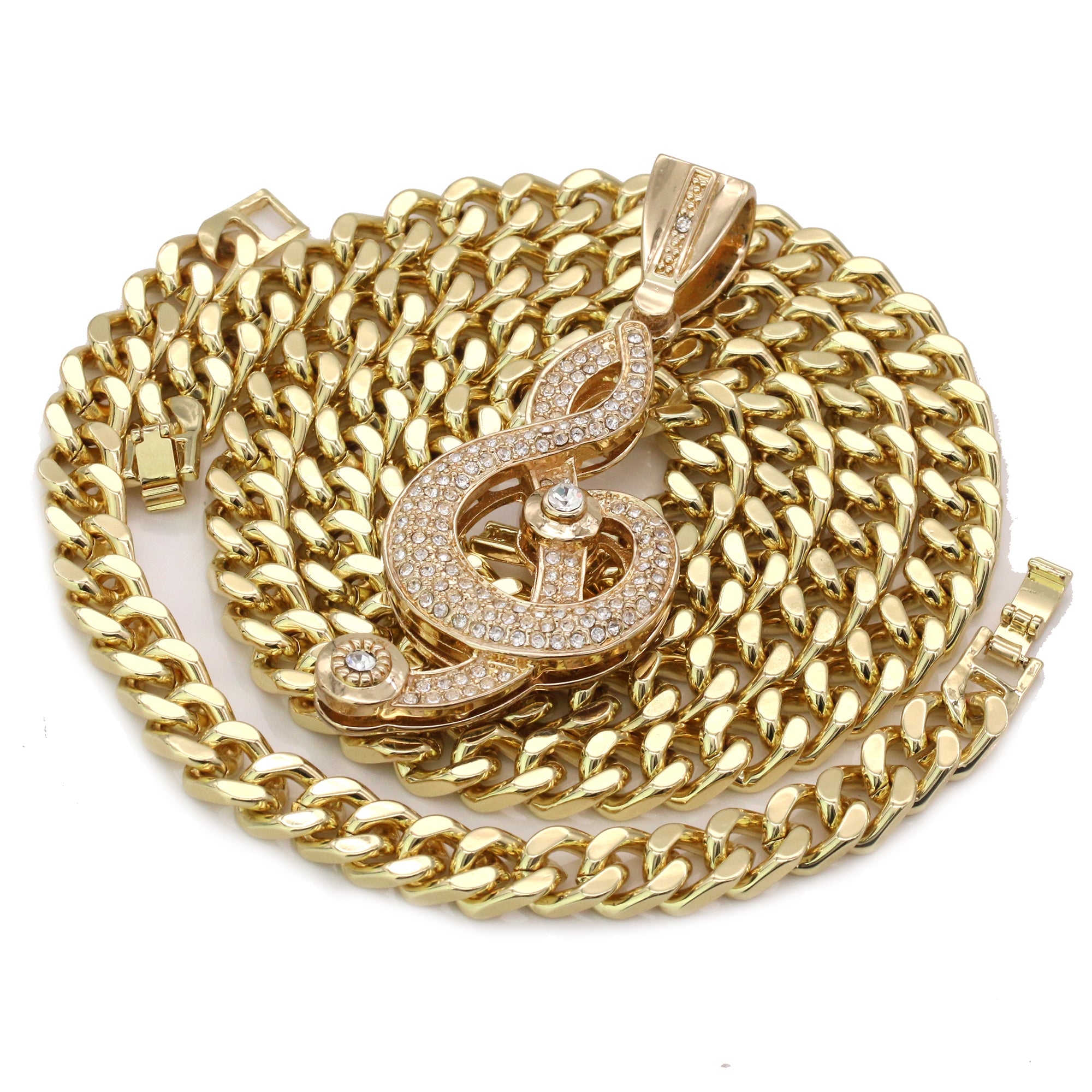 Men's Gold Plated Hip-Hop XL Cz Musical Note Cuban 10mm 30 & Bracelet 3pc Set