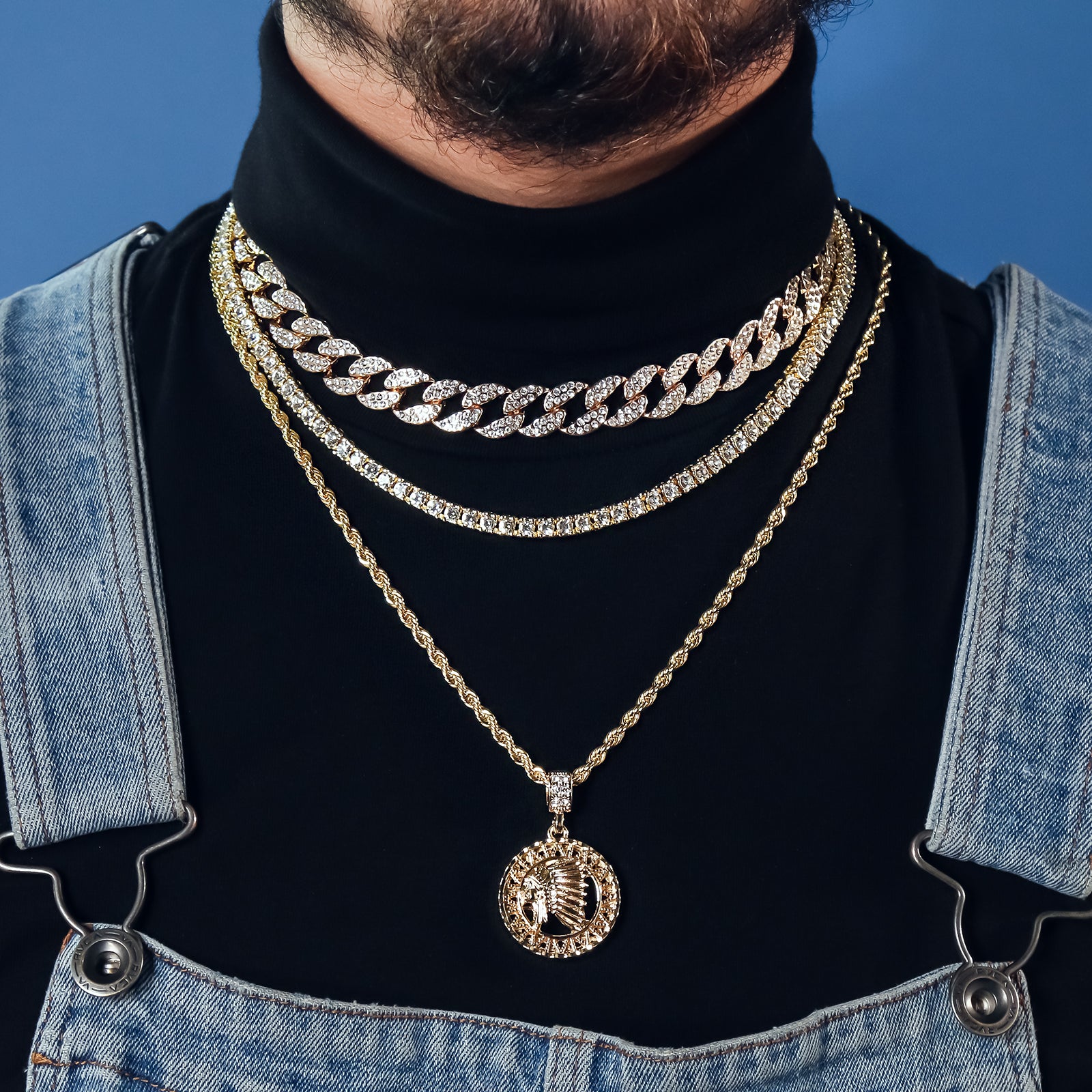 Indian Chief 4 Pcs Set Cuban, Tennis Clear Cz & Rope Chain Bundle Gold PT