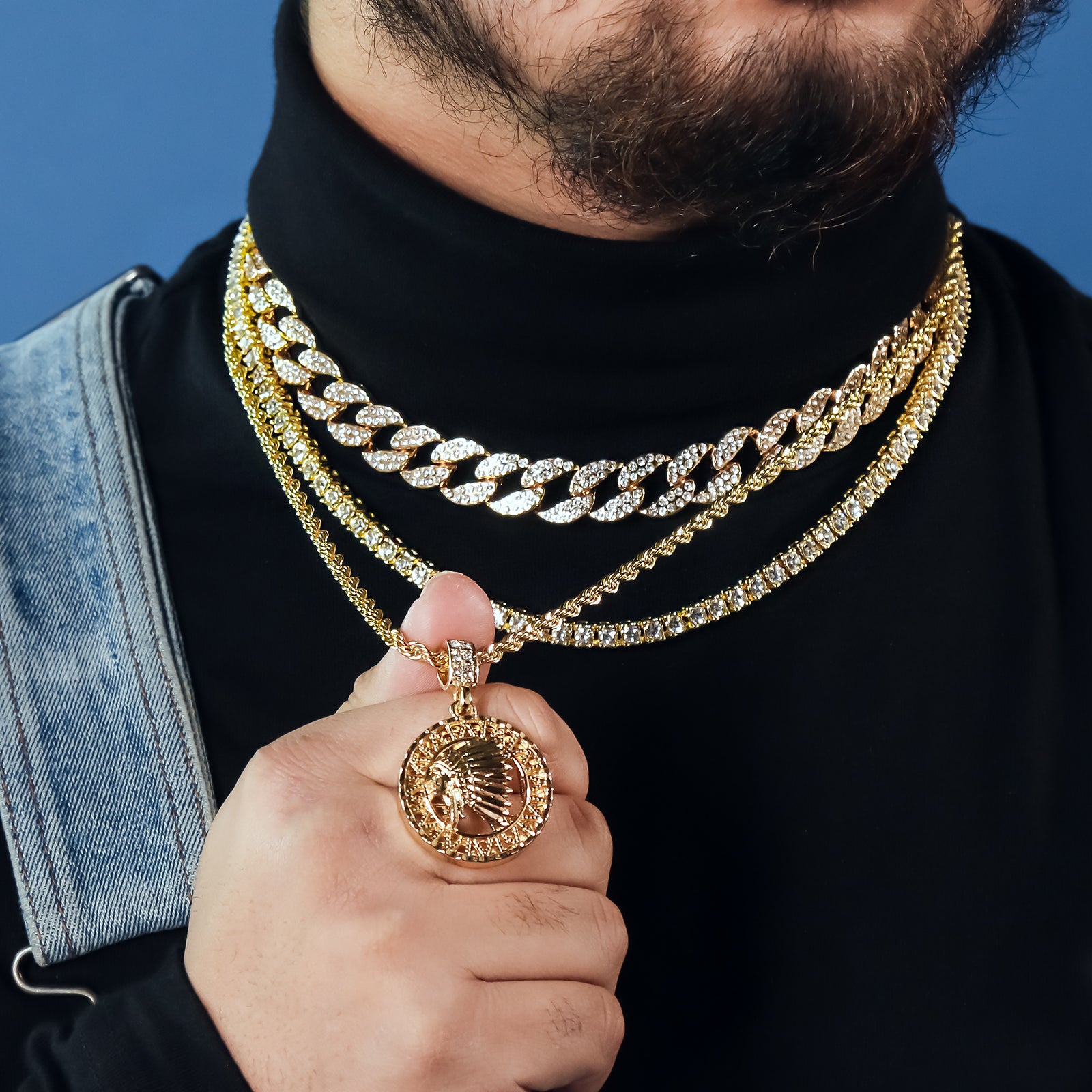 Indian Chief 4 Pcs Set Cuban, Tennis Clear Cz & Rope Chain Bundle Gold PT