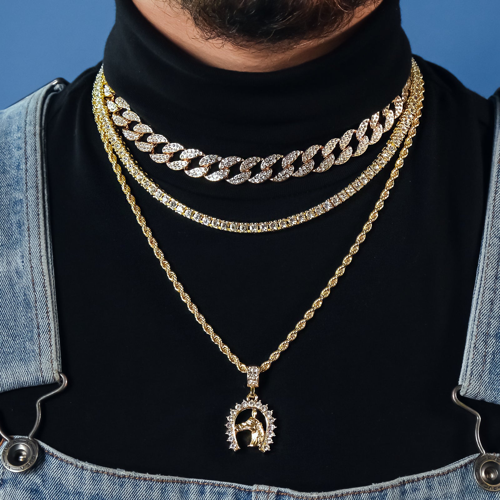 Horse Shoe 4 Pcs Set Cuban, Tennis Clear Cz & Rope Chain Bundle Gold PT
