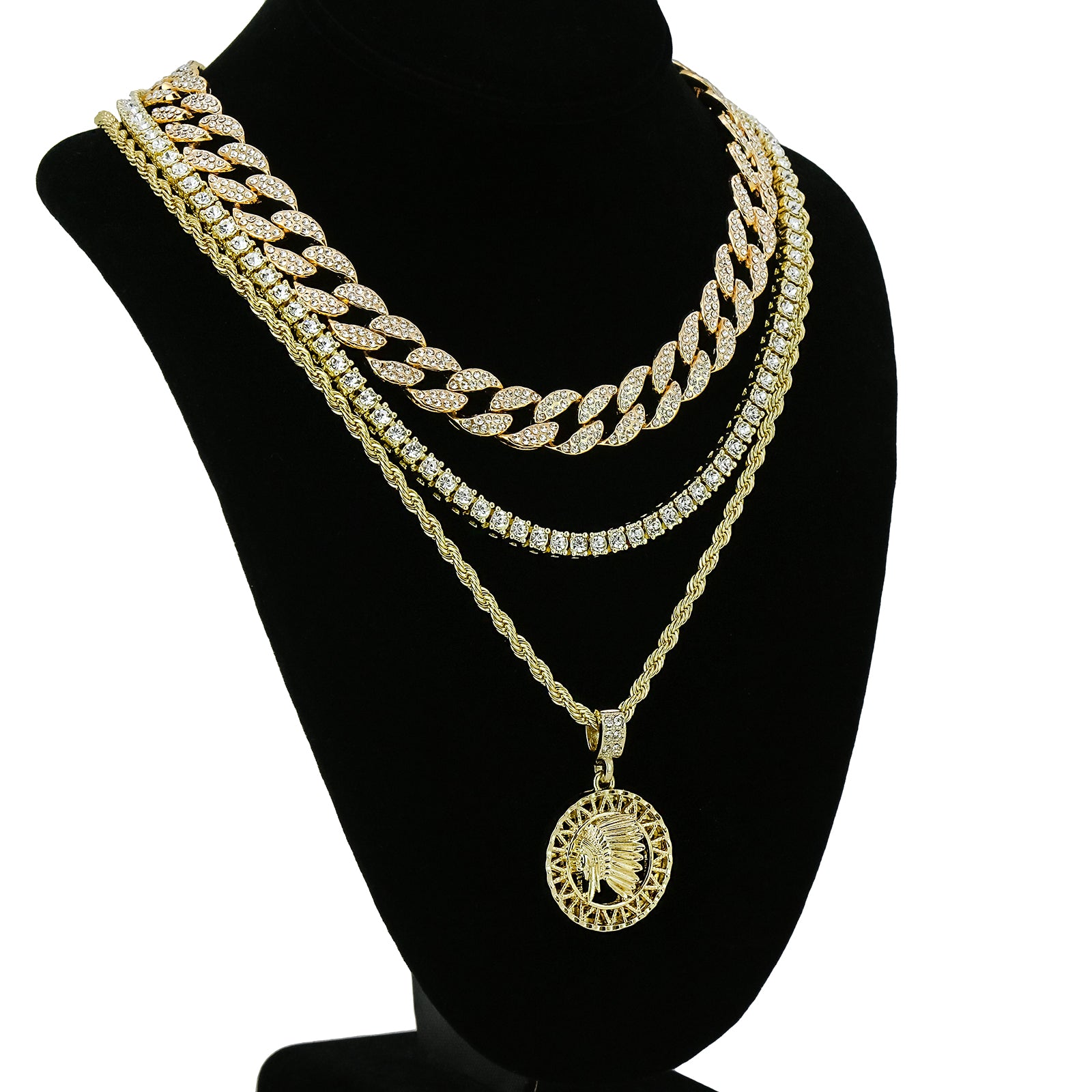 Indian Chief 4 Pcs Set Cuban, Tennis Clear Cz & Rope Chain Bundle Gold PT
