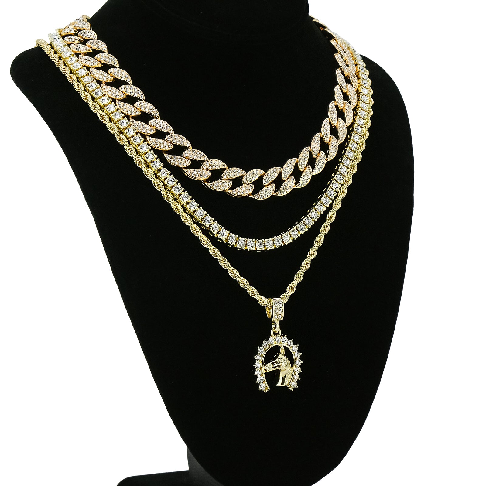 Horse Shoe 4 Pcs Set Cuban, Tennis Clear Cz & Rope Chain Bundle Gold PT