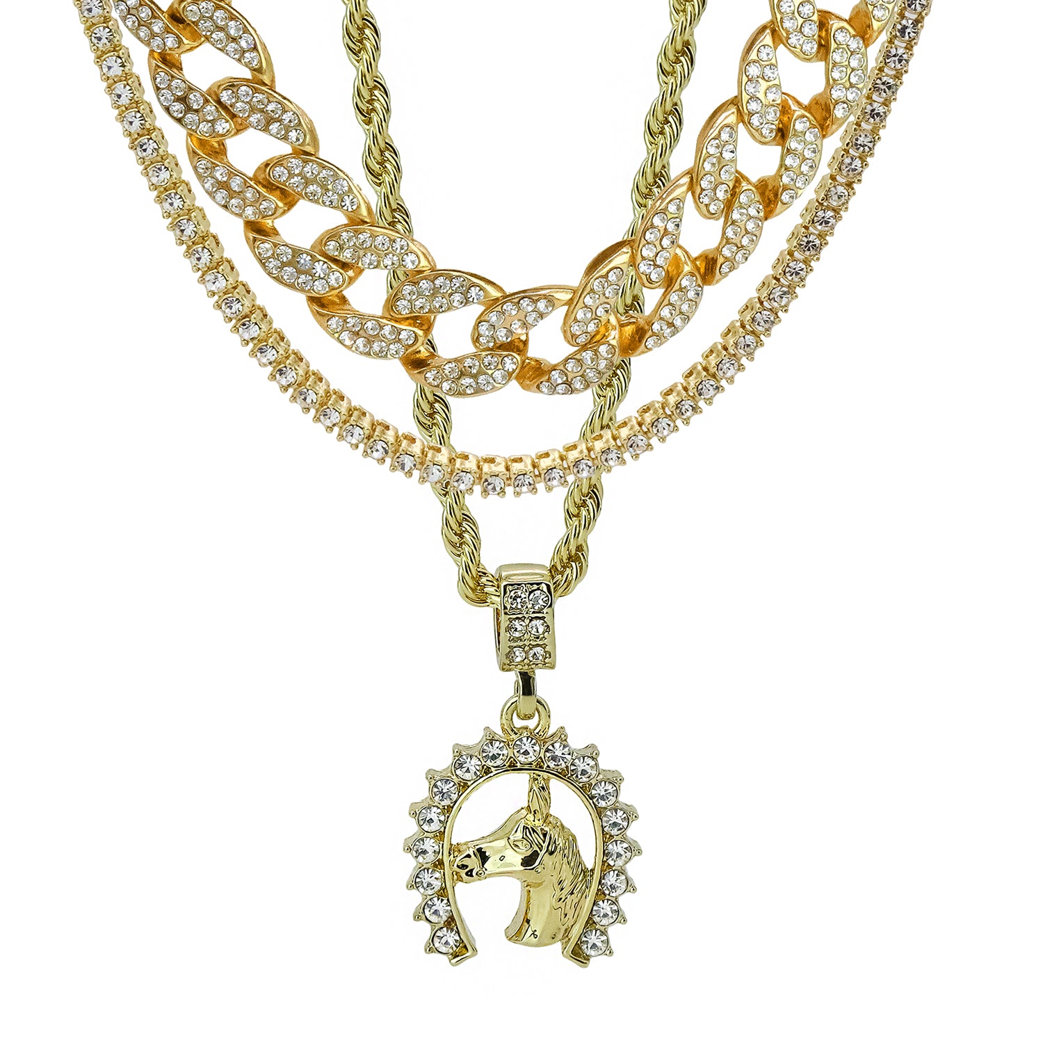 Horse Shoe 4 Pcs Set Cuban, Tennis Clear Cz & Rope Chain Bundle Gold PT