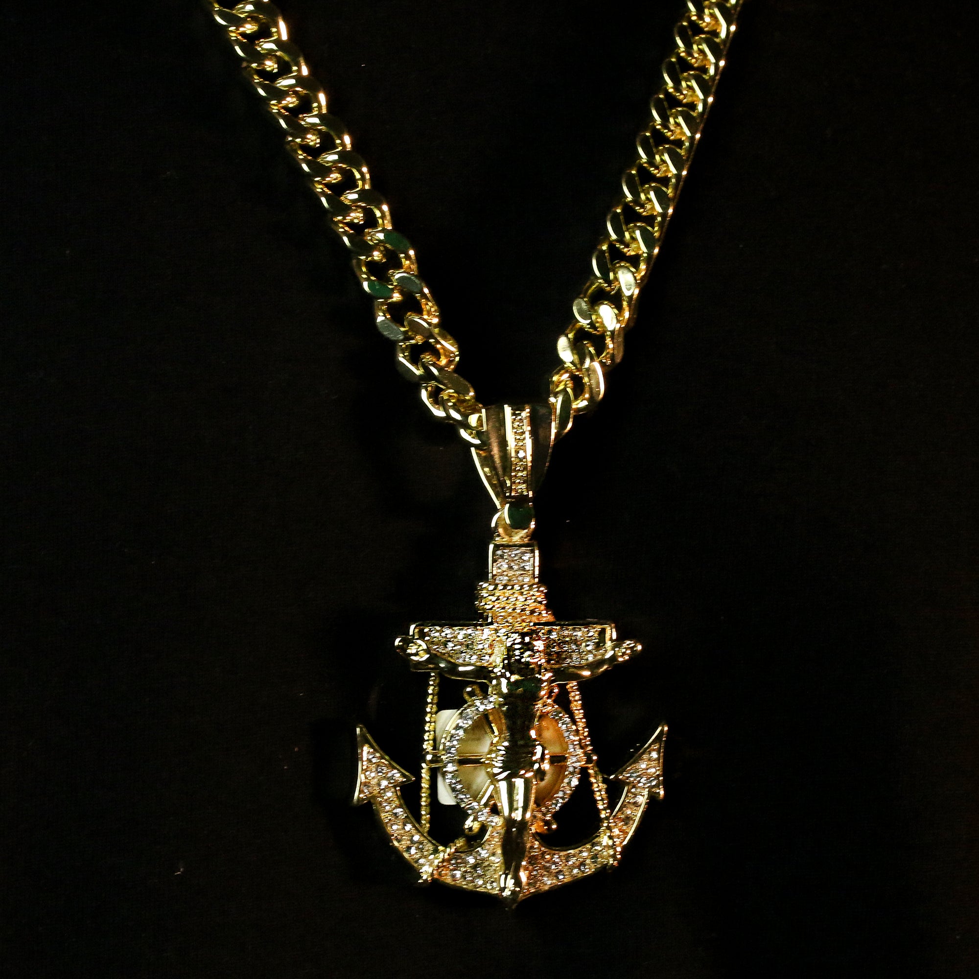 Men's Gold Plated Hip-Hop XL Cz Jesus Anchor Cuban 10mm 30 & Bracelet 3pc Set