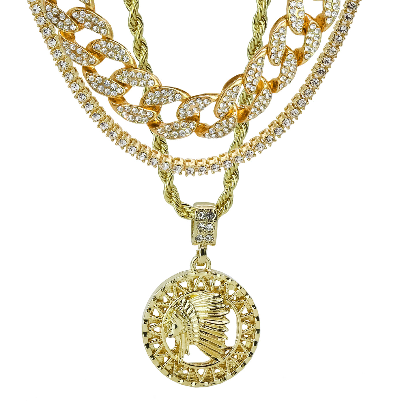 Indian Chief 4 Pcs Set Cuban, Tennis Clear Cz & Rope Chain Bundle Gold PT