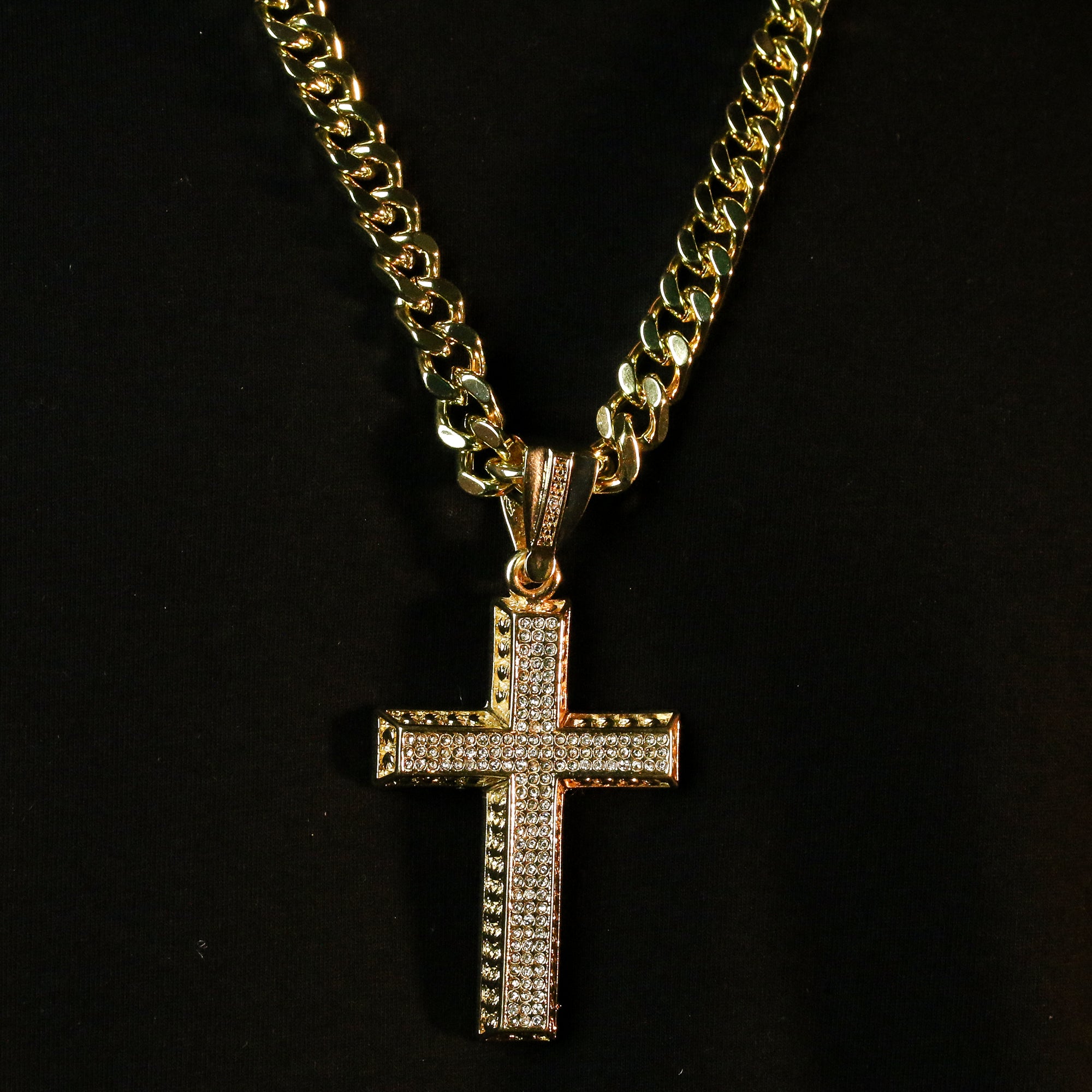 Men's Gold Plated Hip-Hop XL Fully Cz Thick Cross Cuban 10mm 30 & Bracelet 3pc Set