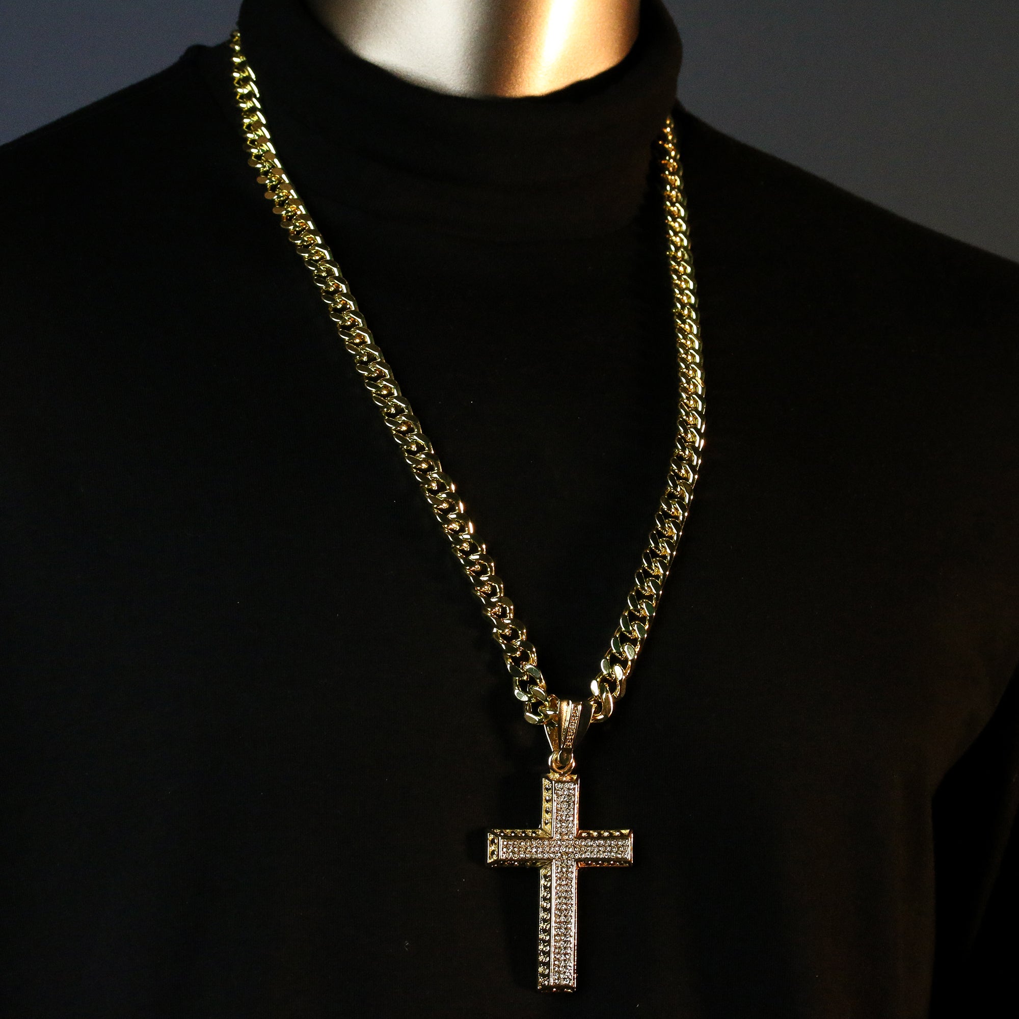 Men's Gold Plated Hip-Hop XL Fully Cz Thick Cross Cuban 10mm 30 & Bracelet 3pc Set