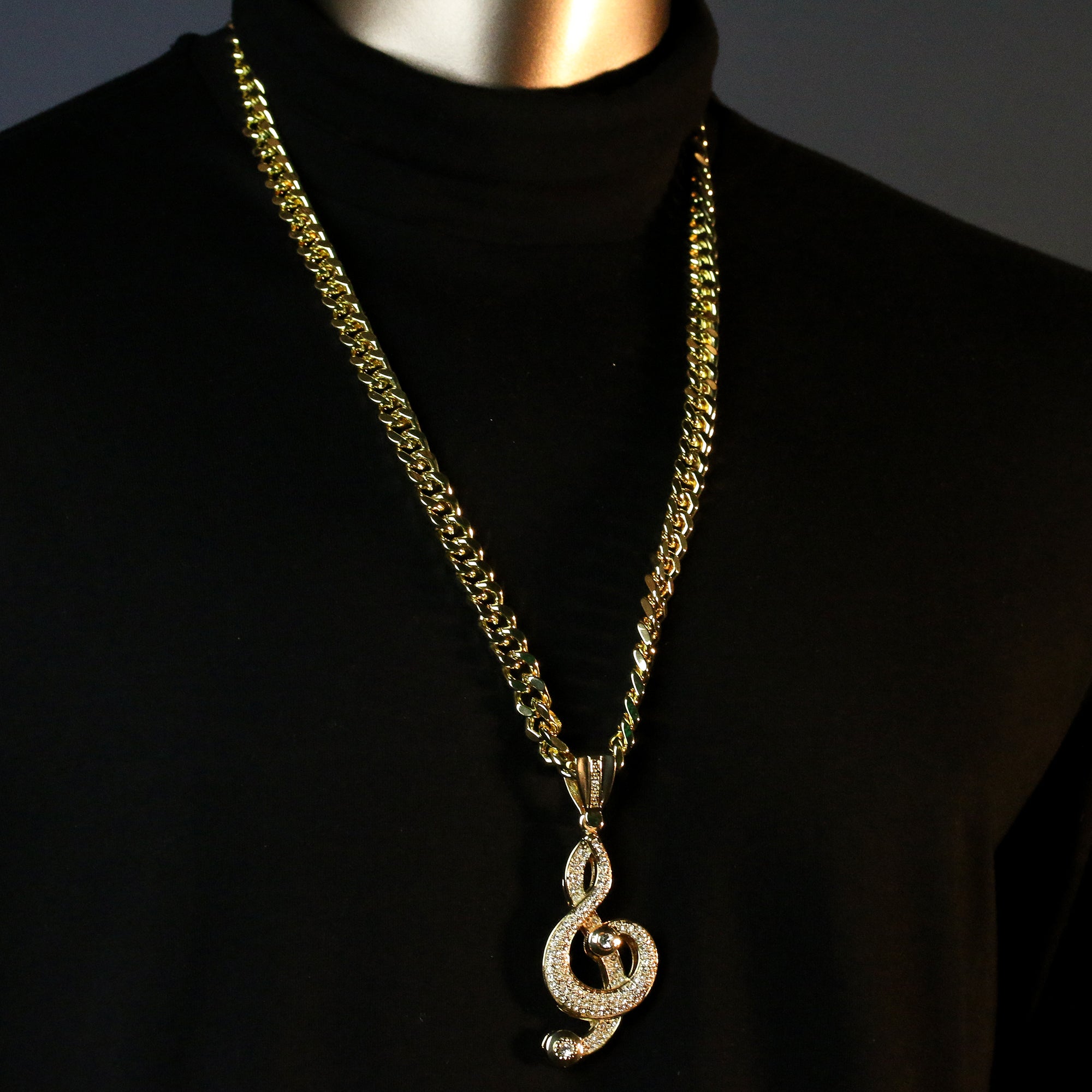Men's Gold Plated Hip-Hop XL Cz Musical Note Cuban 10mm 30 & Bracelet 3pc Set