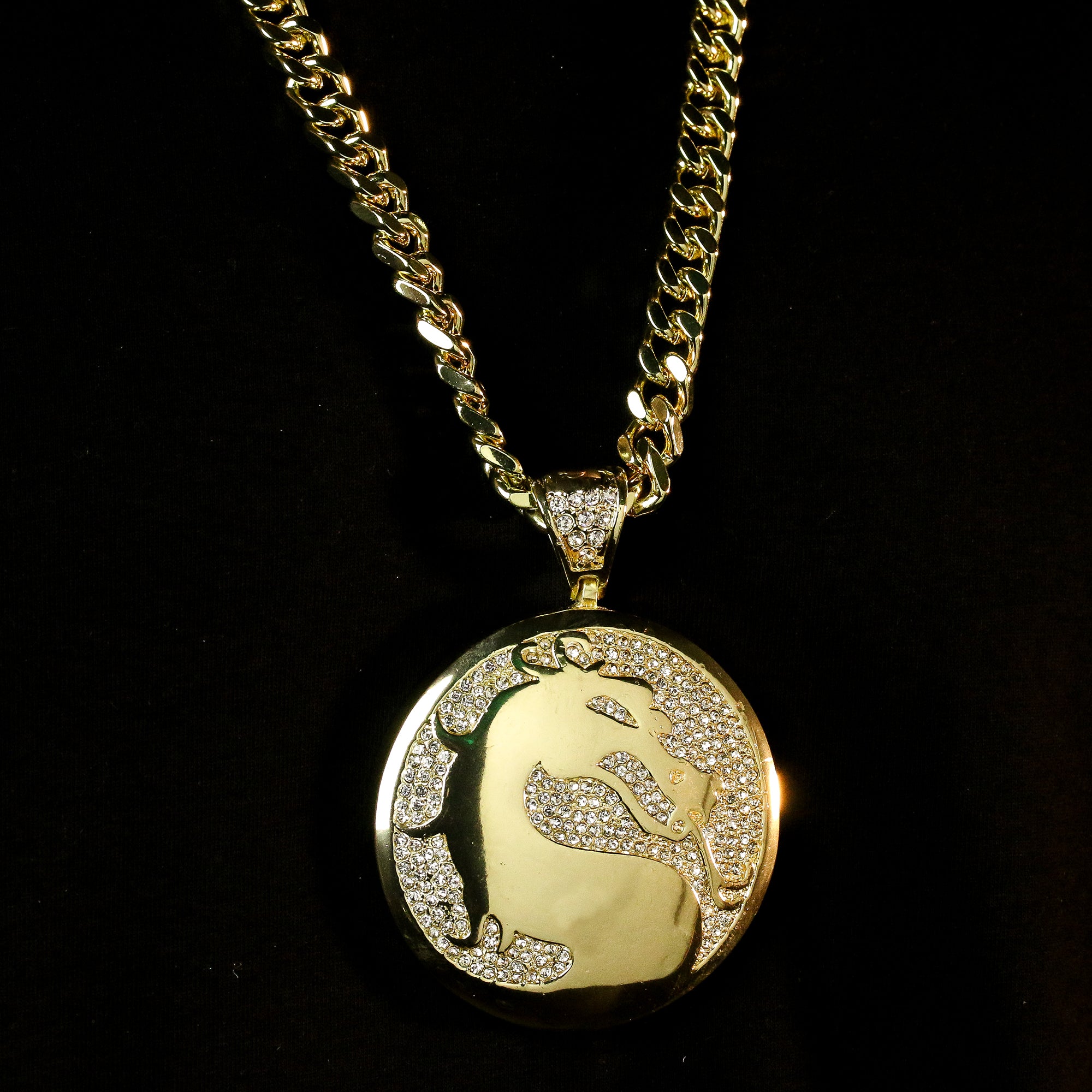 Men's Gold Plated Hip-Hop XL Cz Medallion Dragon Cuban 10mm 30 & Bracelet 3pc Set