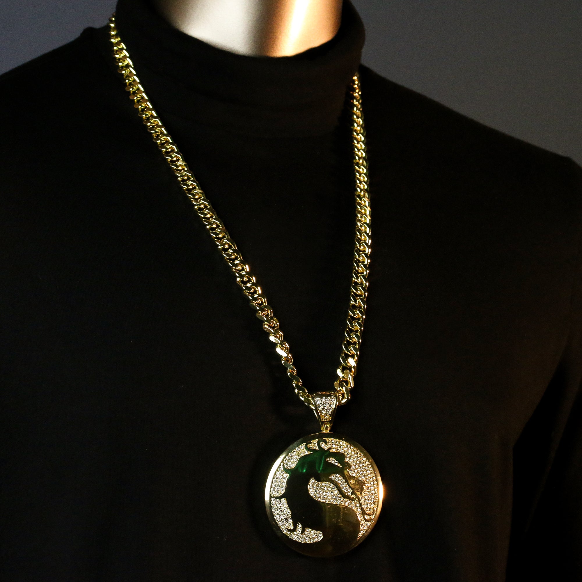 Men's Gold Plated Hip-Hop XL Cz Medallion Dragon Cuban 10mm 30 & Bracelet 3pc Set