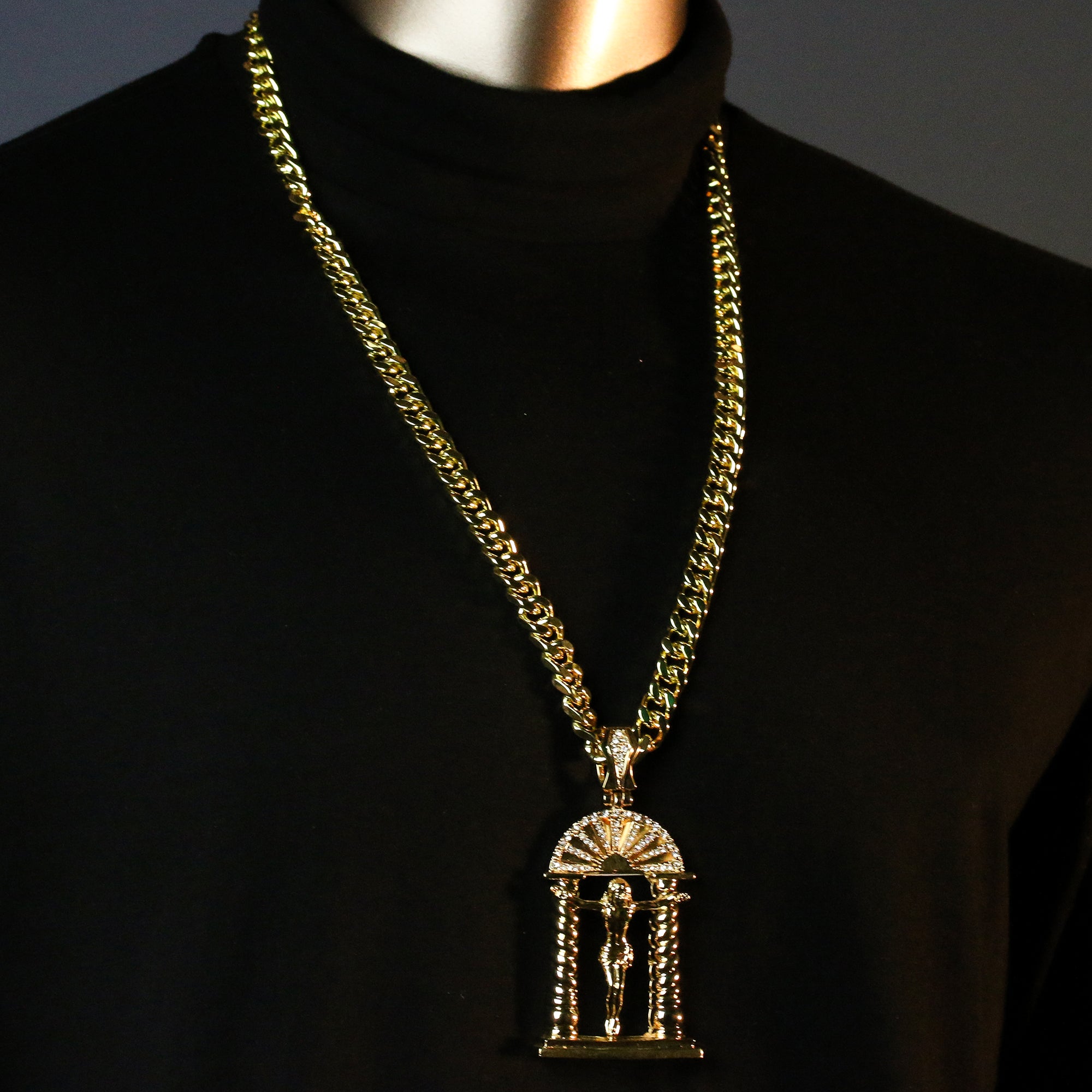 Men's Gold Plated Hip-Hop XL Cz Jesus Chapel Cuban Chain 10mm 30 & Bracelet 3pc Set