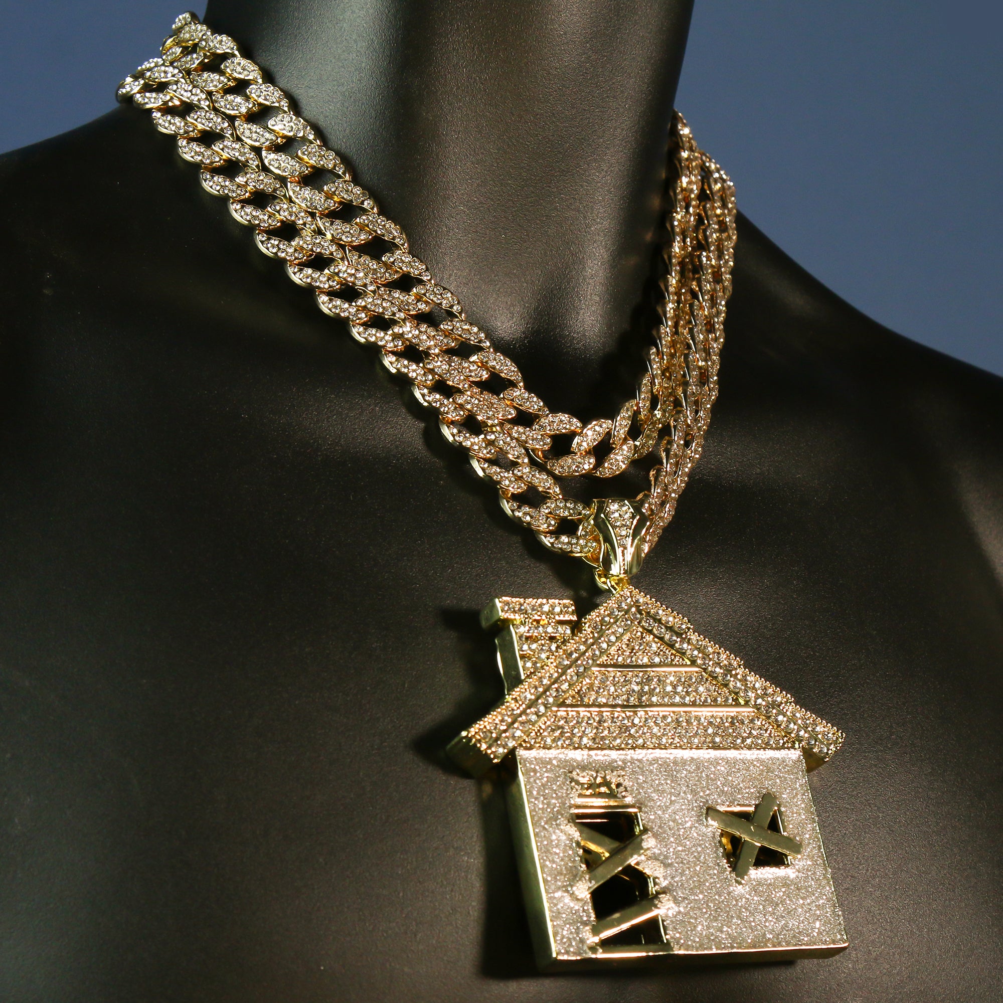3pc Huge Silver Stardust Bando House Gold Plated 18,20" Fully Cz3pc Set – Huge Silver Stardust Bando House Pendant & Iced Cuban Chains 18"/20" Hop Cuban Choker Chain