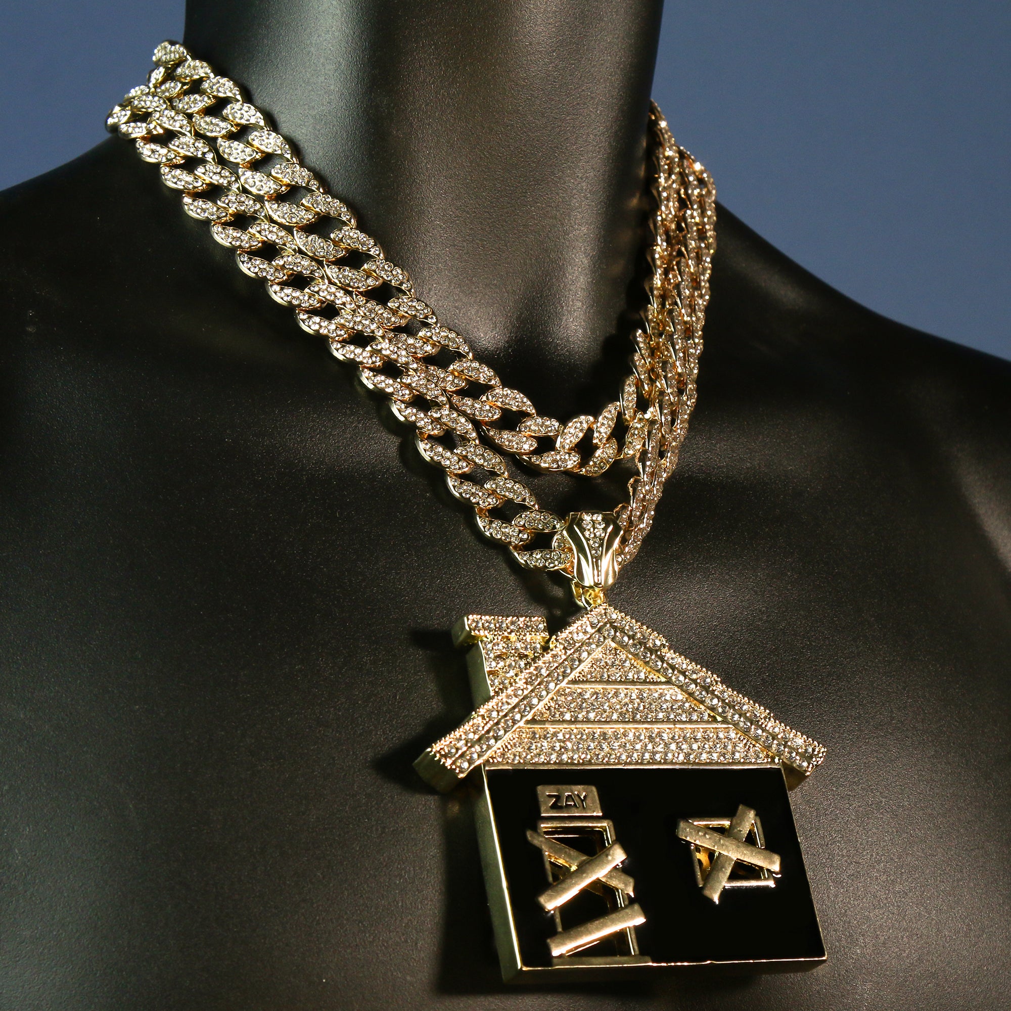 3pc Set – Huge Bando House Pendant & Iced Cuban Chains 18"/20"