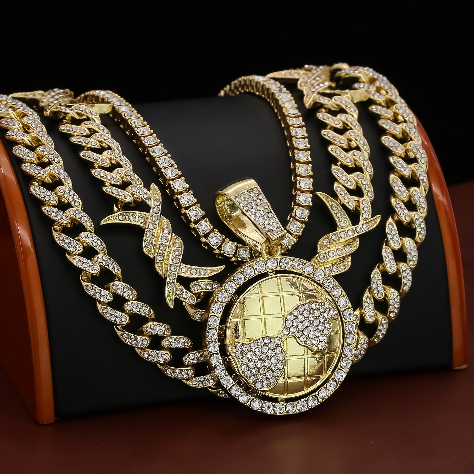 World Spinner Cz 4 Pcs Set Barb Wire Spike Chain, Tennis Chain & Miami Cuban Chain Bundle Gold PT