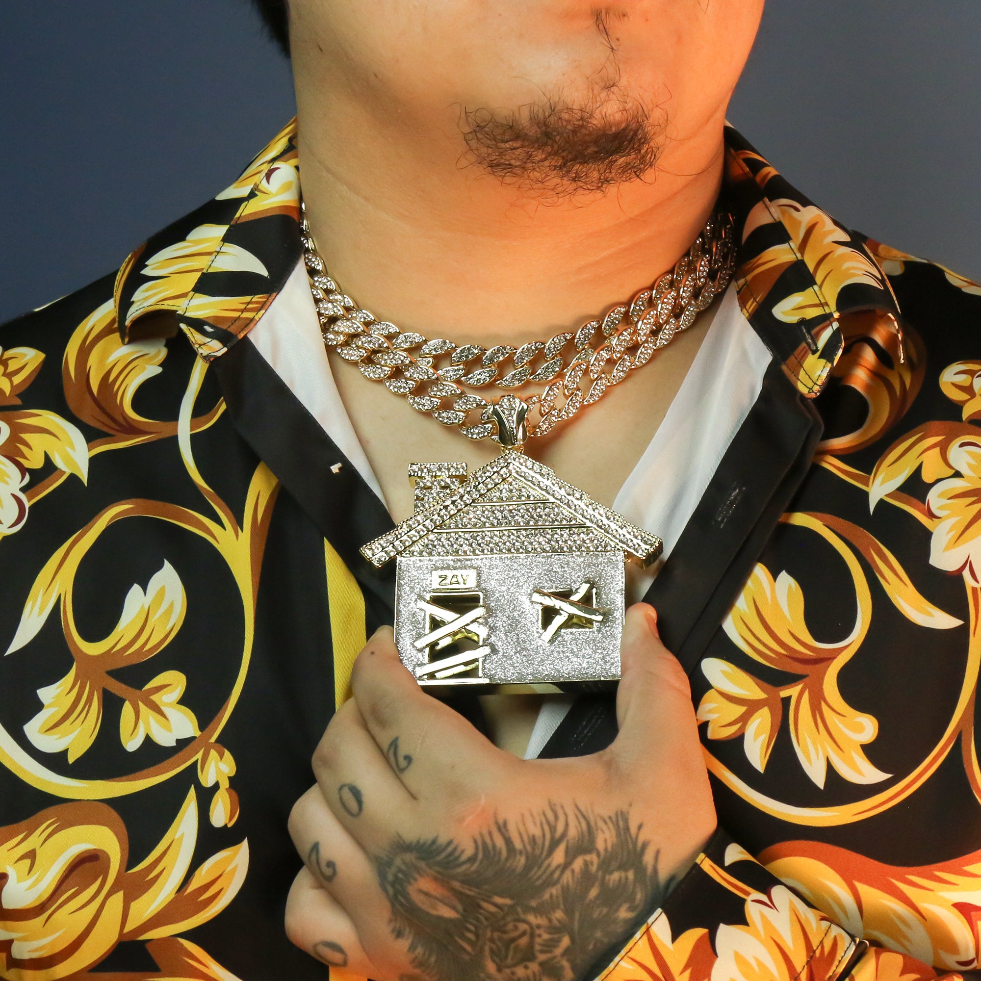 3pc Huge Silver Stardust Bando House Gold Plated 18,20" Fully Cz3pc Set – Huge Silver Stardust Bando House Pendant & Iced Cuban Chains 18"/20" Hop Cuban Choker Chain