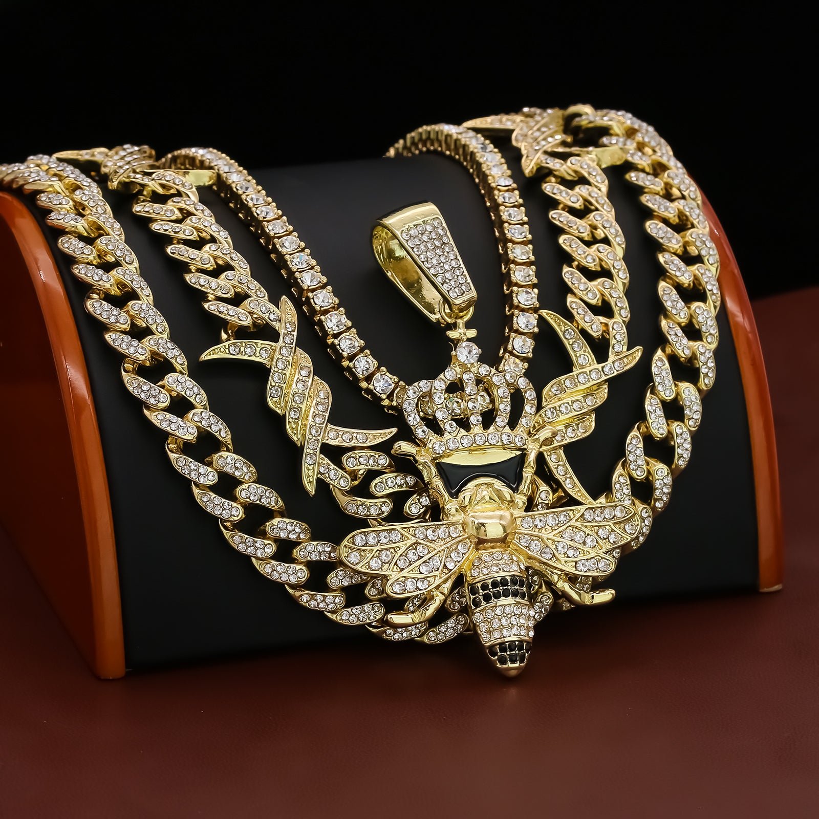 Crown Bee Cz 4 Pcs Set Barb Wire Spike Chain, Tennis Chain & Miami Cuban Chain Bundle Gold PT