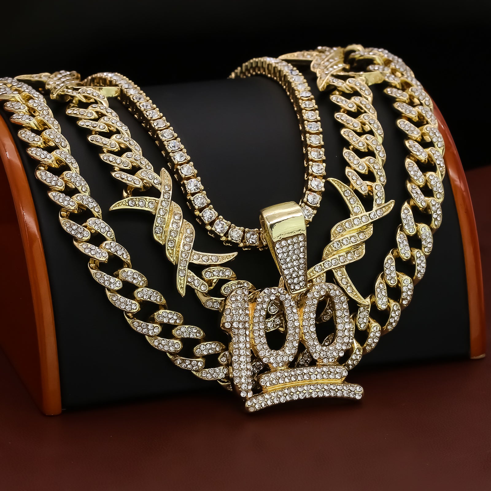 100 Emoji Cz 4 Pcs Set Barb Wire Spike Chain, Tennis Chain & Miami Cuban Chain Bundle Gold PT