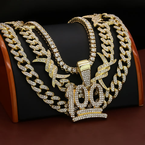 100 Emoji Cz 4 Pcs Set Barb Wire Spike Chain, Tennis Chain & Miami Cuban Chain Bundle Gold PT