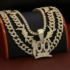 100 Emoji Cz 4 Pcs Set Barb Wire Spike Chain, Tennis Chain & Miami Cuban Chain Bundle Gold PT