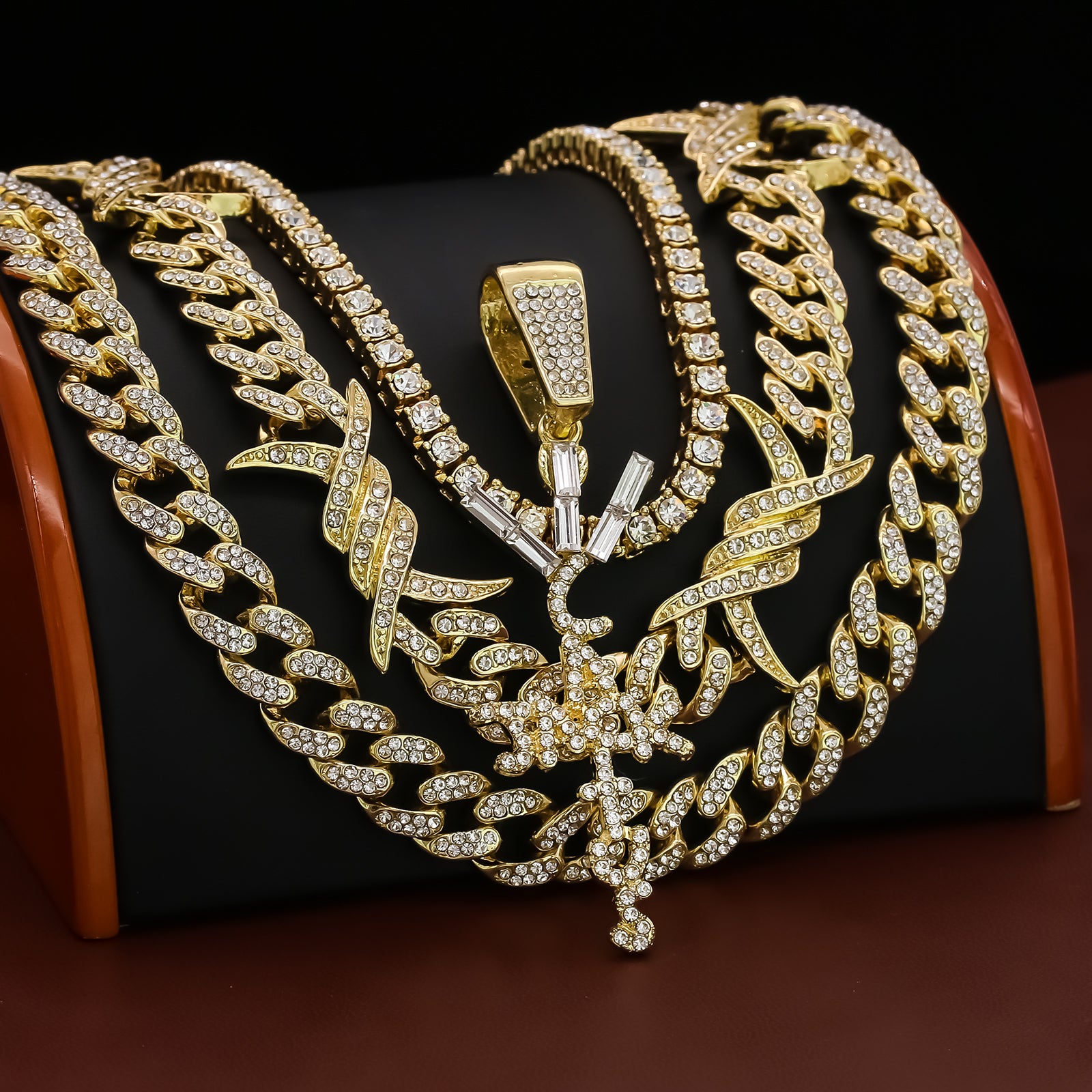 Cactus Letter Cross Cz 4 Pcs Set Barb Wire Spike Chain, Tennis Chain & Miami Cuban Chain Bundle Gold PT