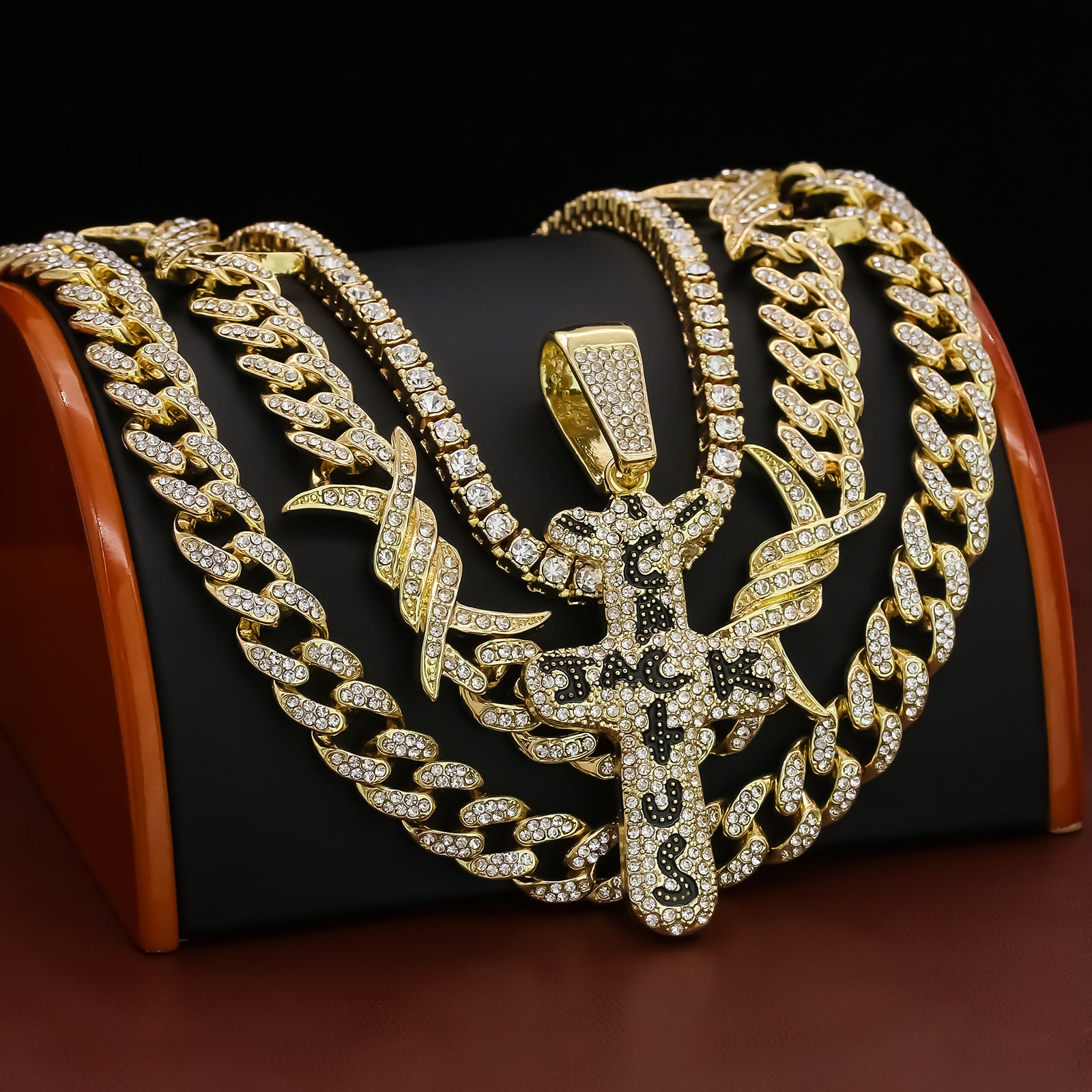 Cactus Cross Cz 4 Pcs Set Barb Wire Spike Chain, Tennis Chain & Miami Cuban Chain Bundle Gold PT