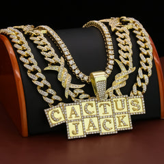 Cactus Letter Cubes Cz 4 Pcs Set Barb Wire Spike Chain, Tennis Chain & Miami Cuban Chain Bundle Gold PT
