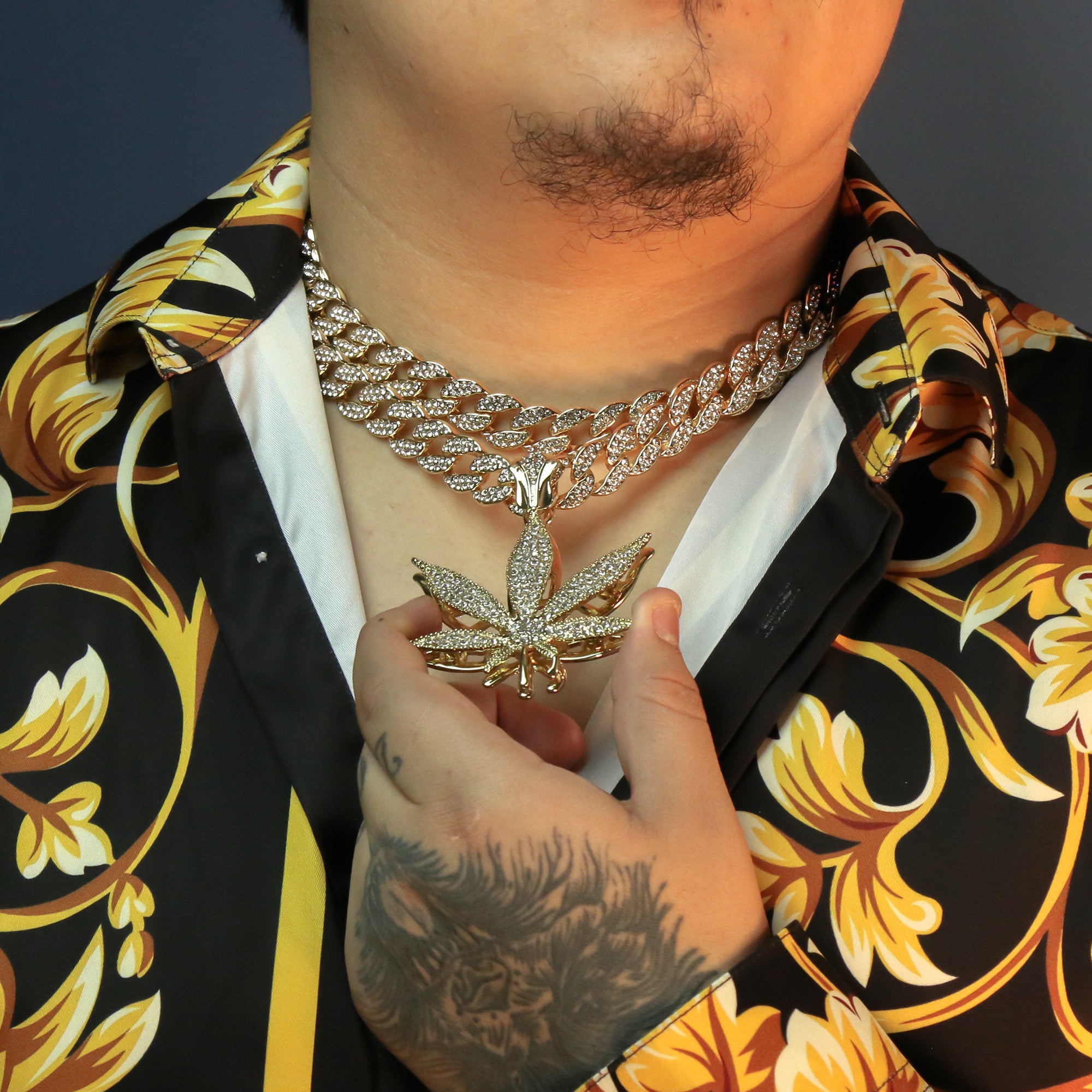 3pc Set Large Marijuana Gold Plated 18,20" Fully Cz Hip Hop Cuban Choker Chain