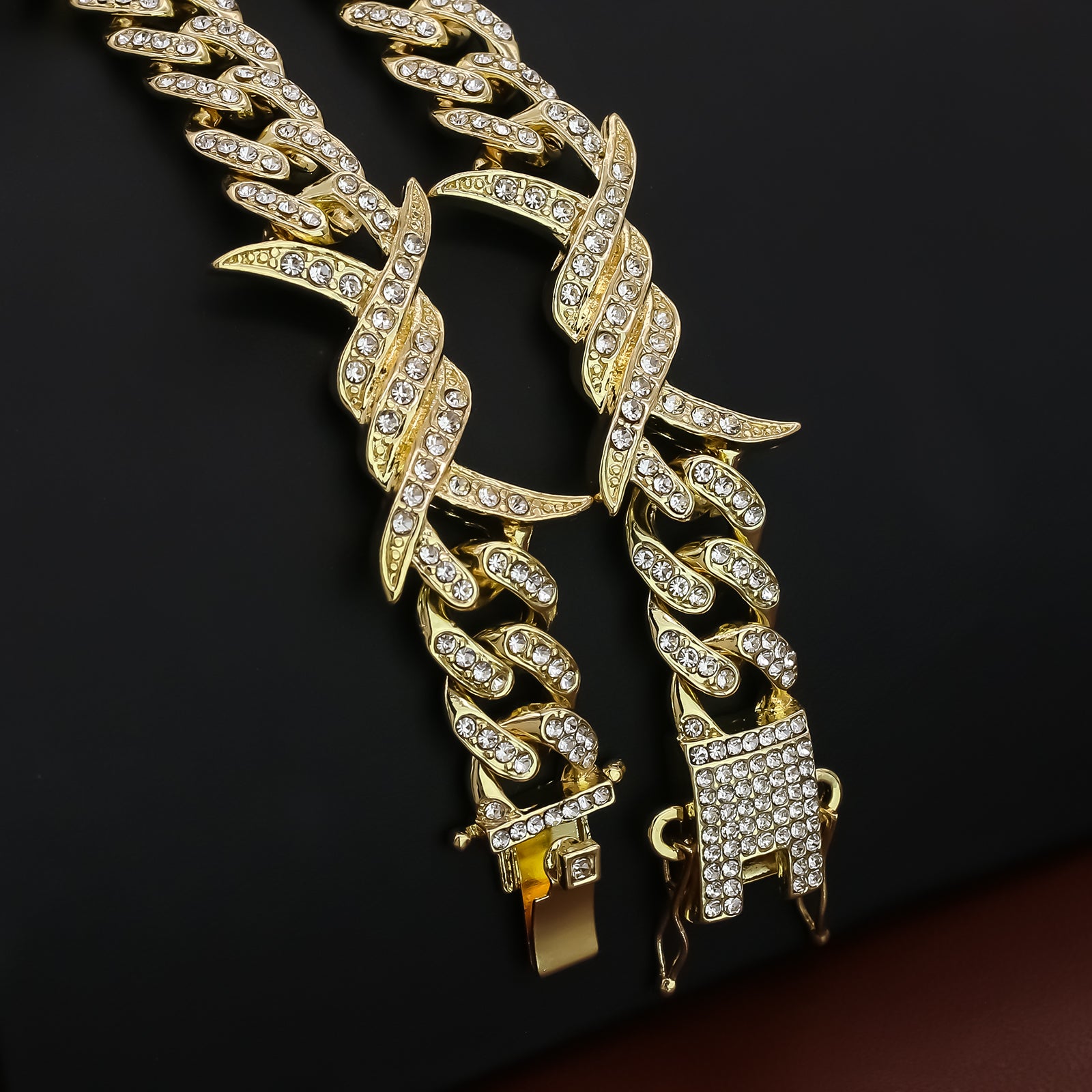 Cactus Cross Cz 4 Pcs Set Barb Wire Spike Chain, Tennis Chain & Miami Cuban Chain Bundle Gold PT