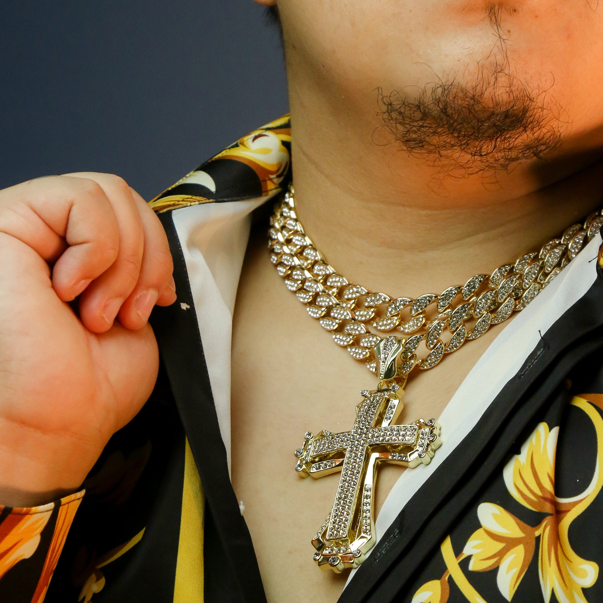 3pc Set Large Hollow Cross Gold Plated 18,20" Fully Cz Hip Hop Cuban Choker Chain