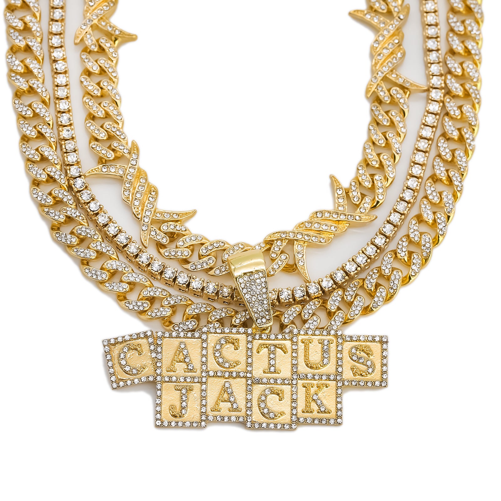 Cactus Letter Cubes Cz 4 Pcs Set Barb Wire Spike Chain, Tennis Chain & Miami Cuban Chain Bundle Gold PT