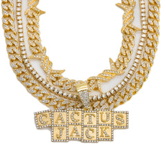 Cactus Letter Cubes Cz 4 Pcs Set Barb Wire Spike Chain, Tennis Chain & Miami Cuban Chain Bundle Gold PT