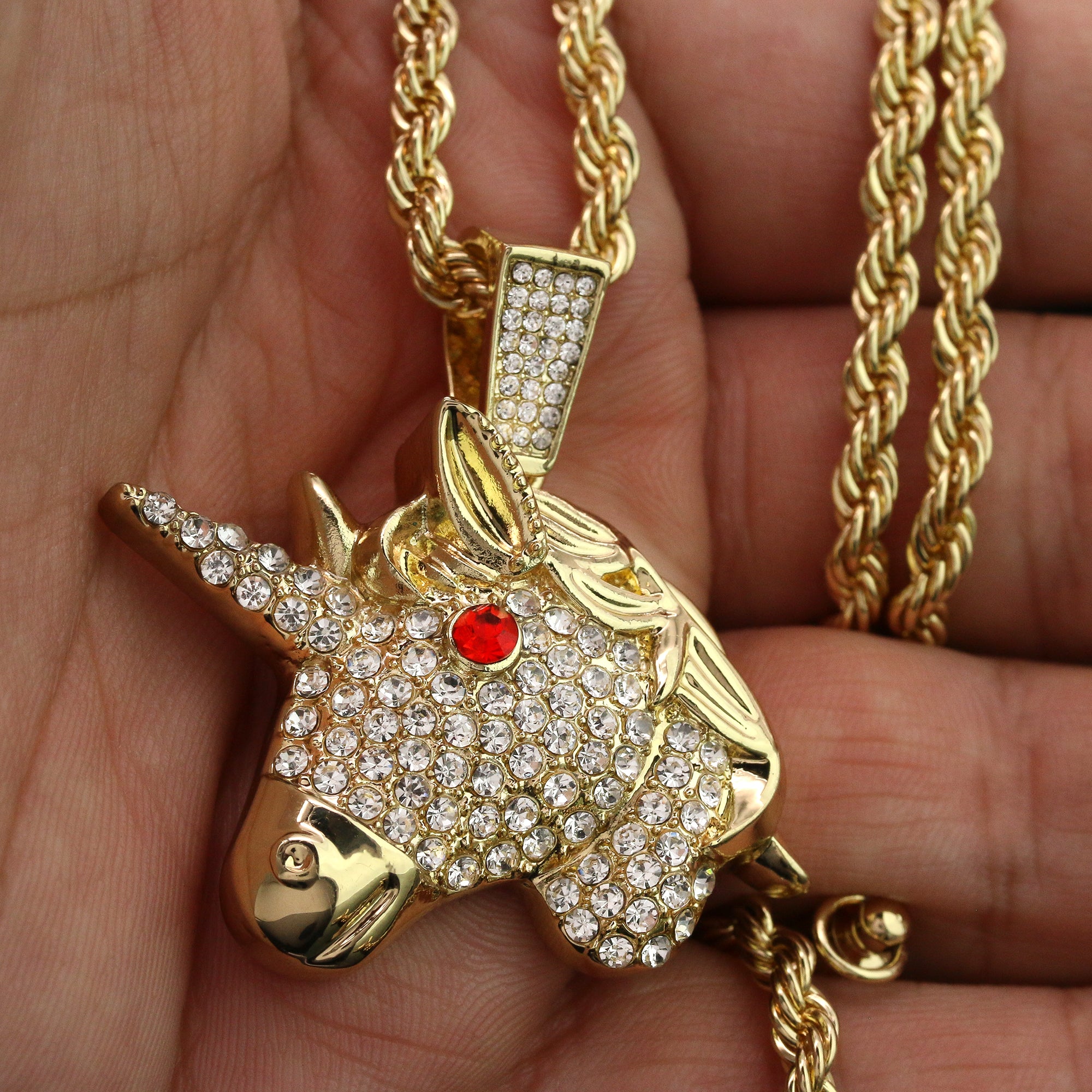 Cz Red Eye Unicorn Pendant 24" Rope Chain Hip Hop 18k Jewelry Necklace