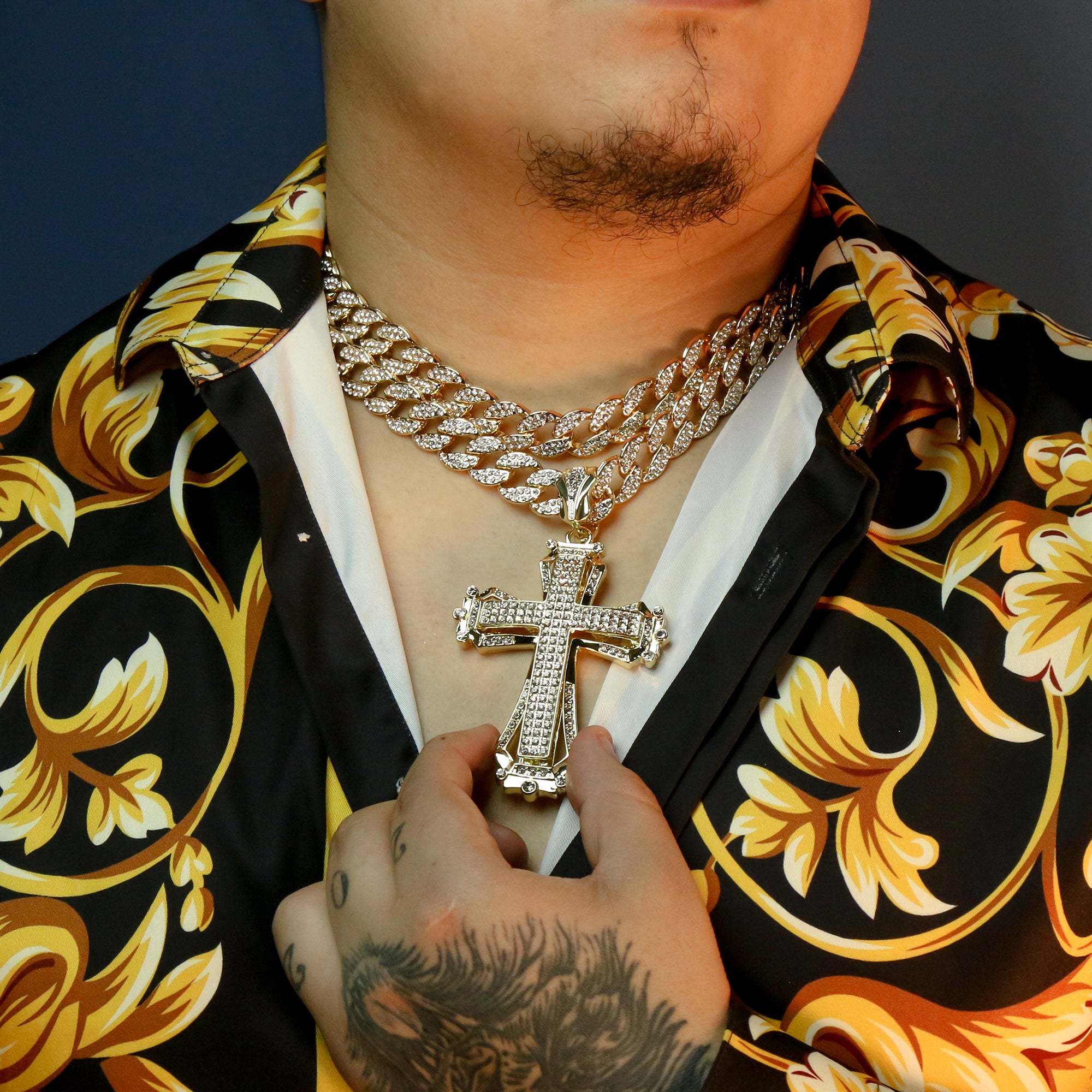 3pc Set Large Hollow Cross Gold Plated 18,20" Fully Cz Hip Hop Cuban Choker Chain