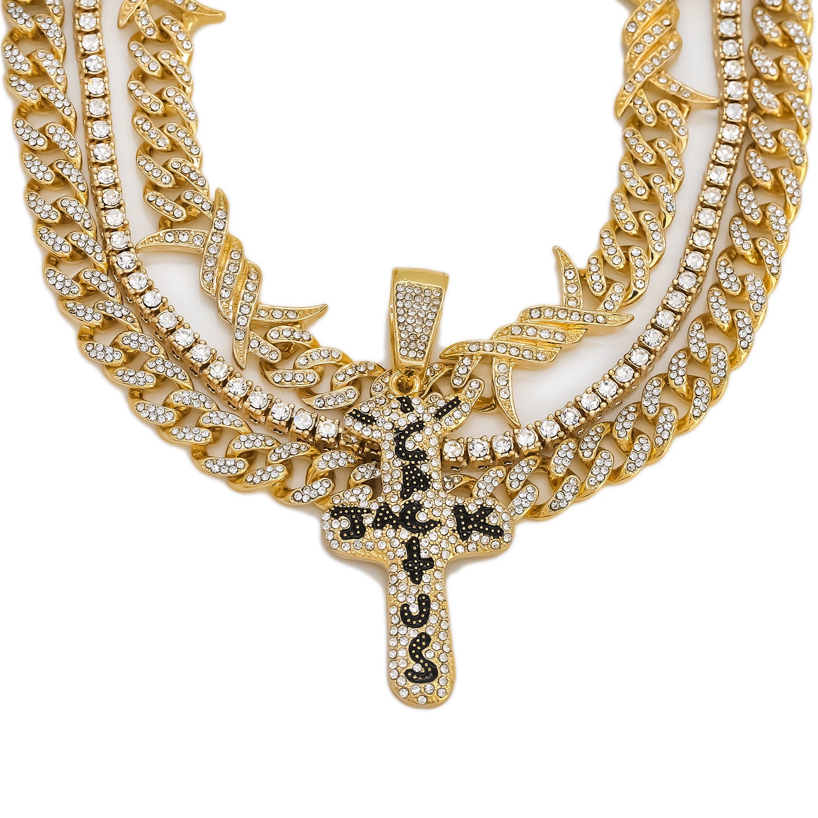 Cactus Cross Cz 4 Pcs Set Barb Wire Spike Chain, Tennis Chain & Miami Cuban Chain Bundle Gold PT
