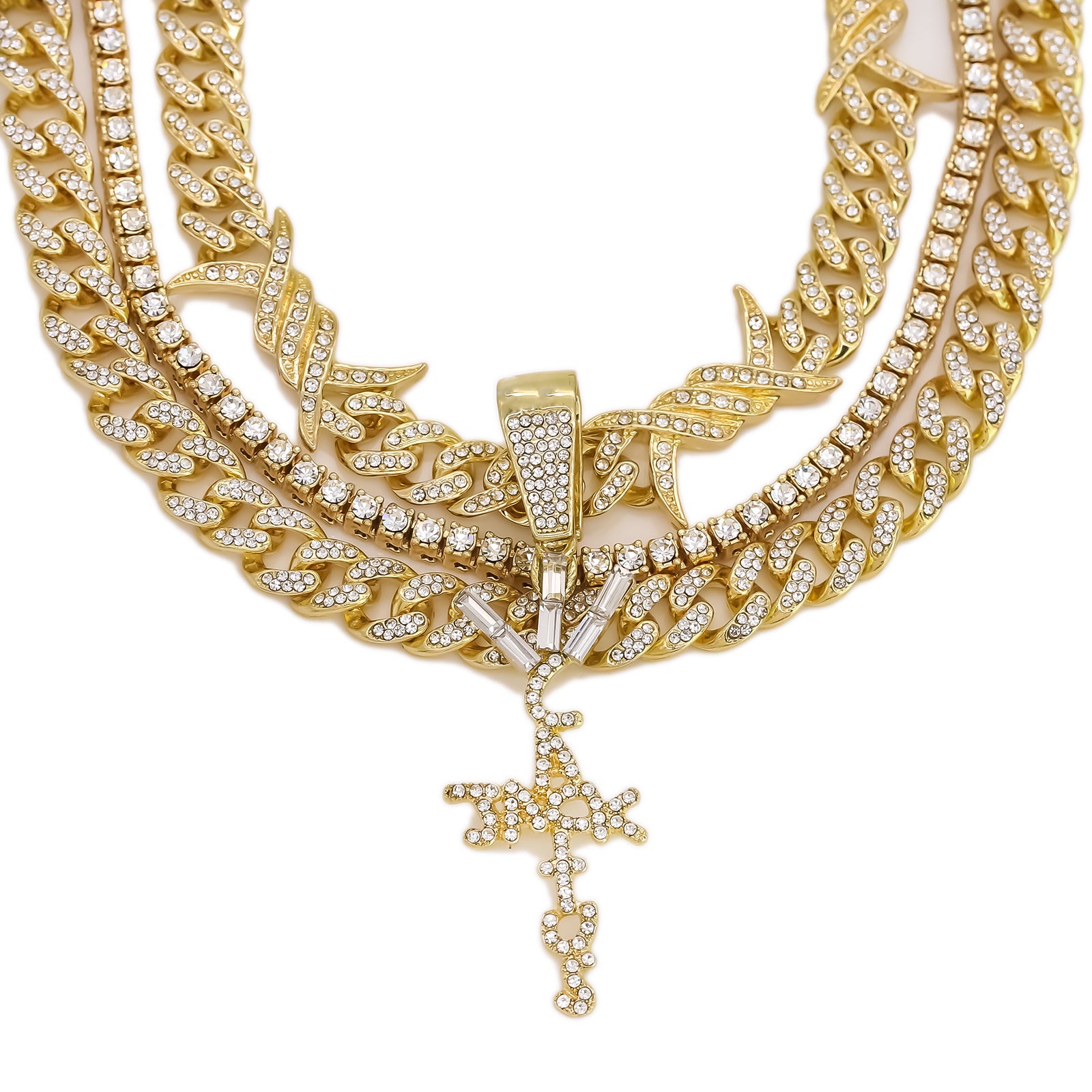 Cactus Letter Cross Cz 4 Pcs Set Barb Wire Spike Chain, Tennis Chain & Miami Cuban Chain Bundle Gold PT