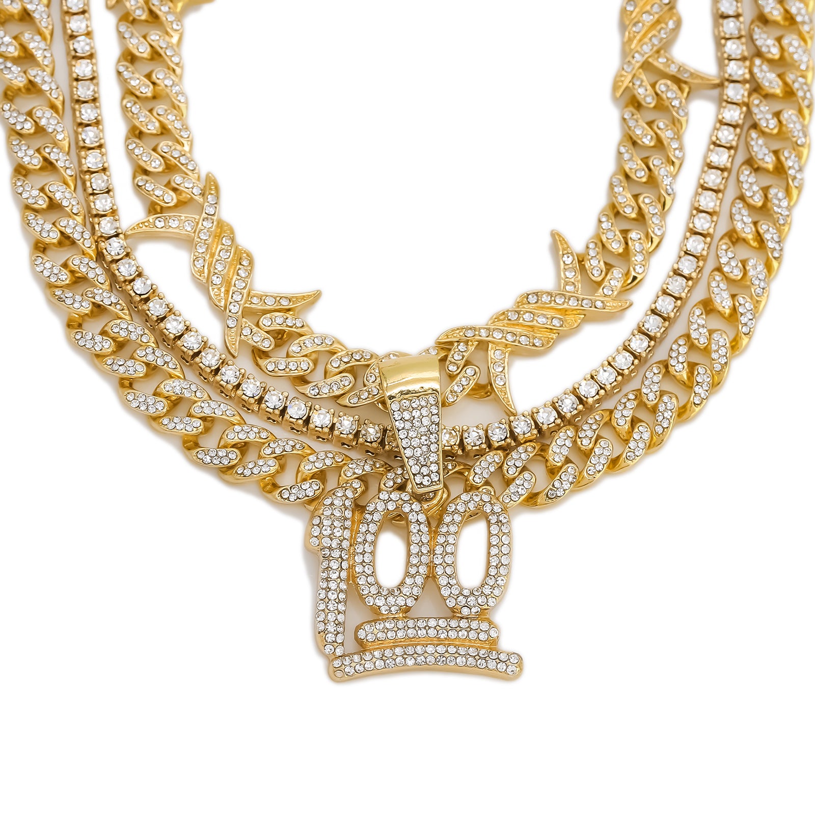 100 Emoji Cz 4 Pcs Set Barb Wire Spike Chain, Tennis Chain & Miami Cuban Chain Bundle Gold PT