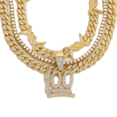 100 Emoji Cz 4 Pcs Set Barb Wire Spike Chain, Tennis Chain & Miami Cuban Chain Bundle Gold PT